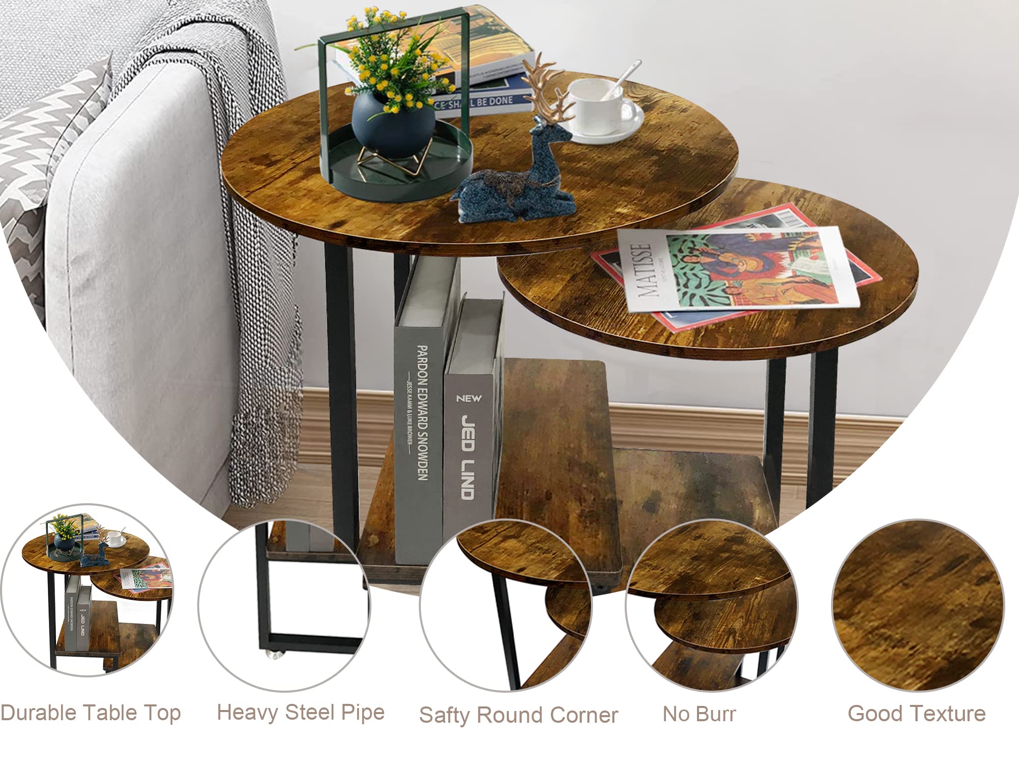 Round Nesting Coffee Table Set of 2 - Farmhouse Wood & Metal Side Tables for Living Room, Balcony - Rustic Brown End Tables for Small Spaces & Cozy Home Decor