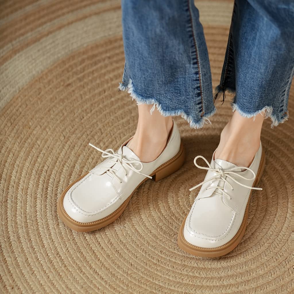 Women's Classic Lace-Up Oxford Shoes - Patent Leather Round Toe Flats with Low Heel - Comfortable Slip-On Loafers for Work, Office & Formal Occasions
