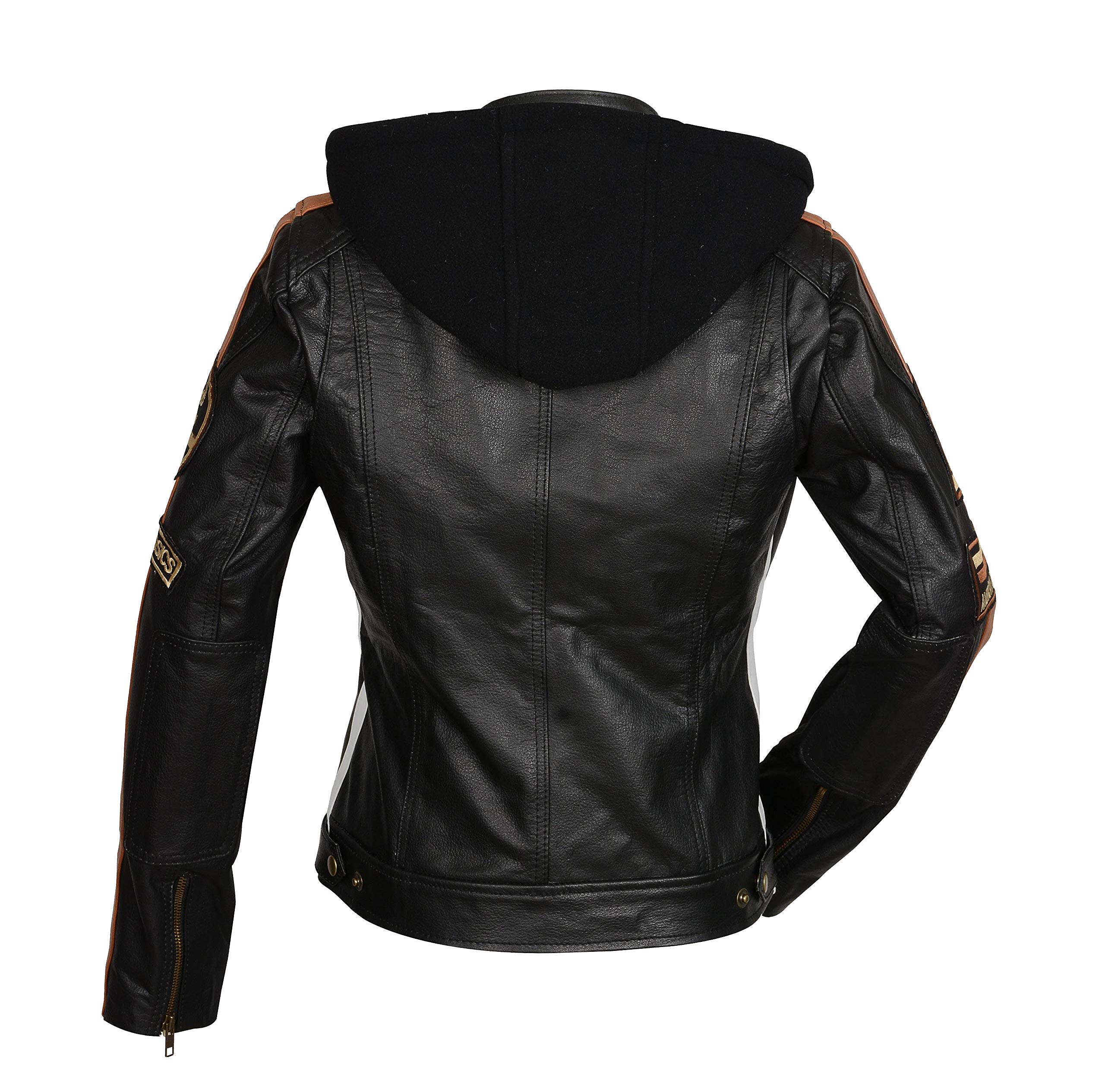 Vintage Women's Biker Jacket with Hood - Retro Cafe Racer Leather Motorcycle Jacket with Badges & Patches | Perfect for Riding, Casual Wear & Street Fashion