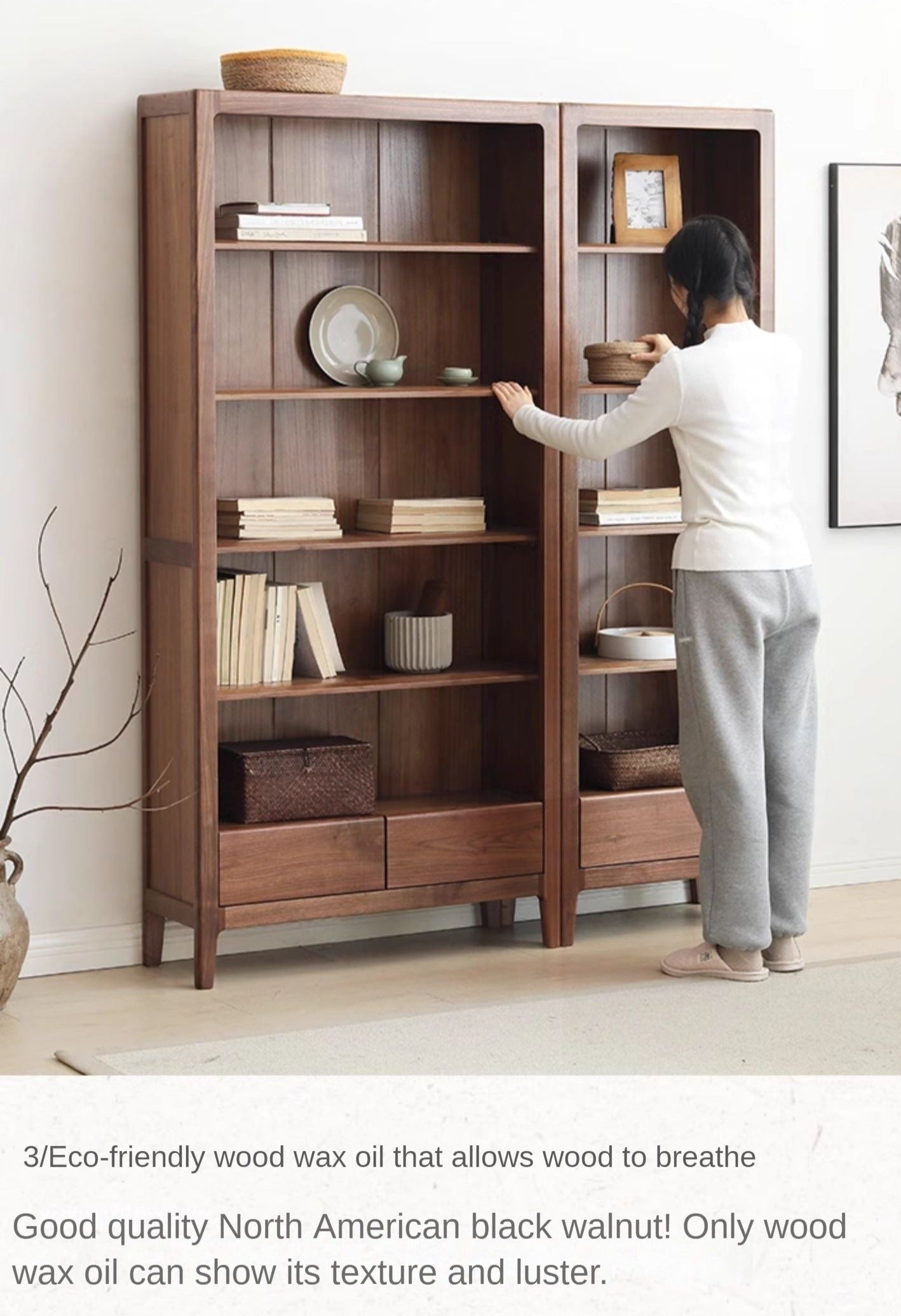 Premium Black Walnut Solid Wood Bookcase - Customizable Modular Bookshelf for Home Office, Living Room & Library Storage | Durable & Stylish Furniture for Books, Decor & Display