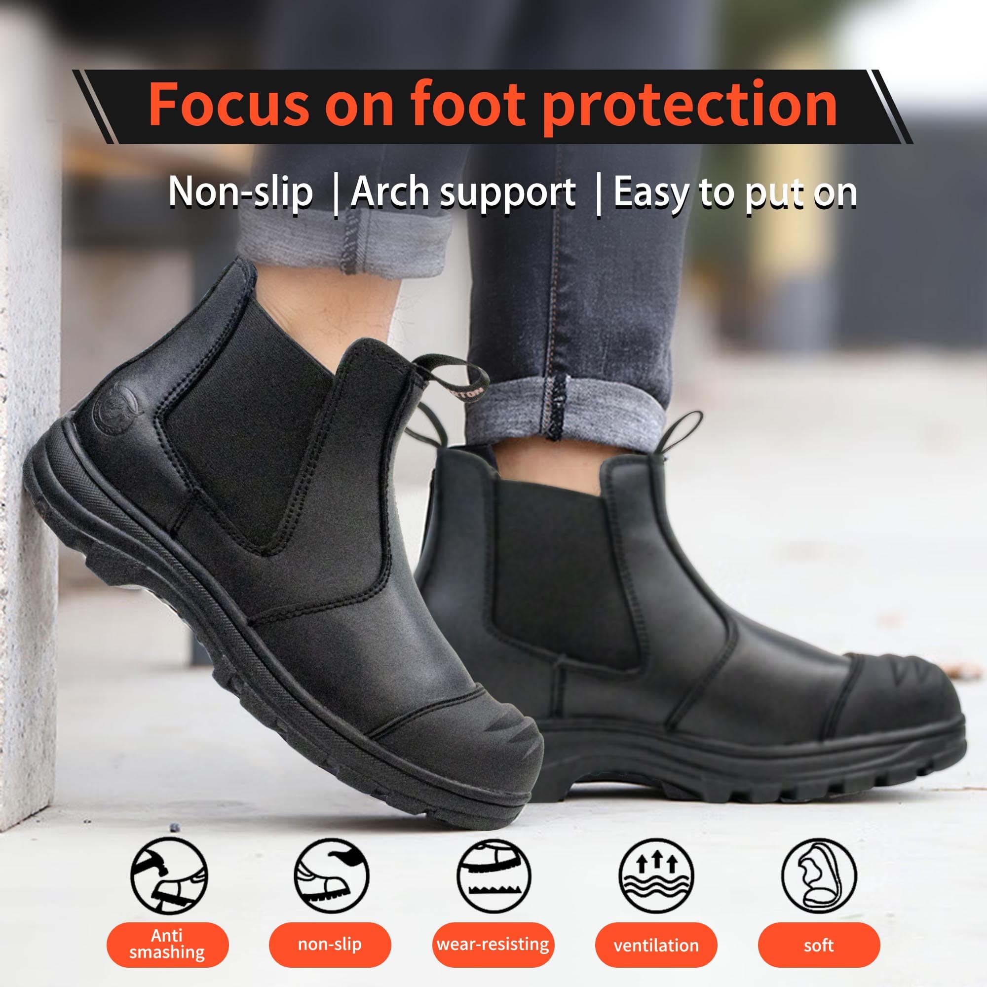 ZERVRTON Men's Steel Toe Work Boots - Slip On Safety Shoes for Industrial & Construction Workers - Waterproof, Non-Slip, Lightweight & Comfortable - Perfect for Warehouse, Factory & Outdoor Job Sites