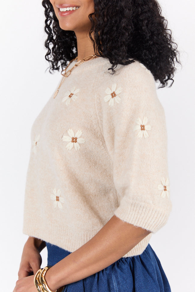 So Into You Women's Oatmeal Short Sleeve Floral Embroidered Sweater - Cozy Knit Pullover for Casual Outings & Fall Fashion