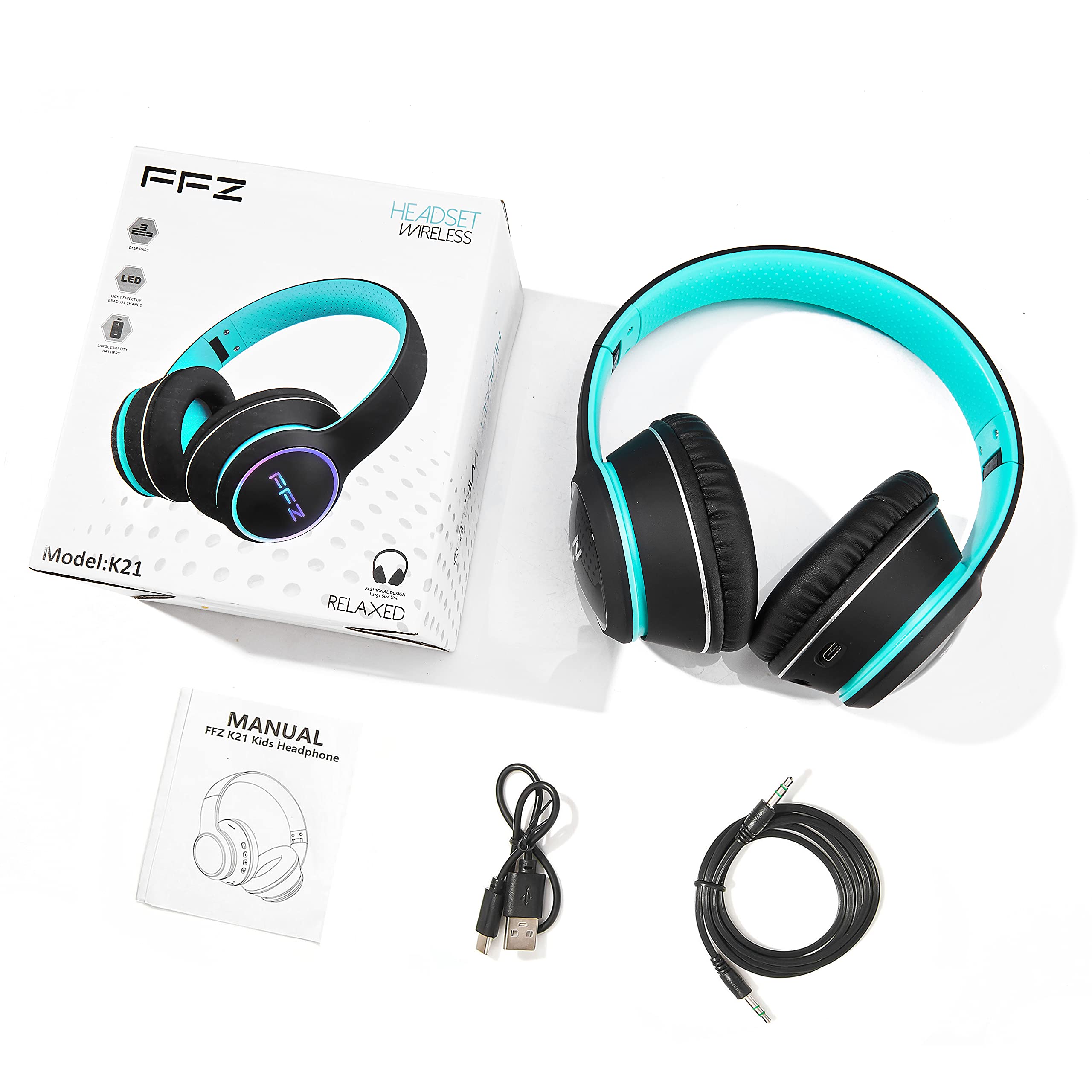 FFZ Kids Wireless Headphones with LED Lights - Bluetooth 5.0 Over-Ear Headset with Built-in Mic, Foldable Design & Soft Earpads for Boys & Girls - Ideal for School, Travel, Airplane, iPad & Home Use (Black)