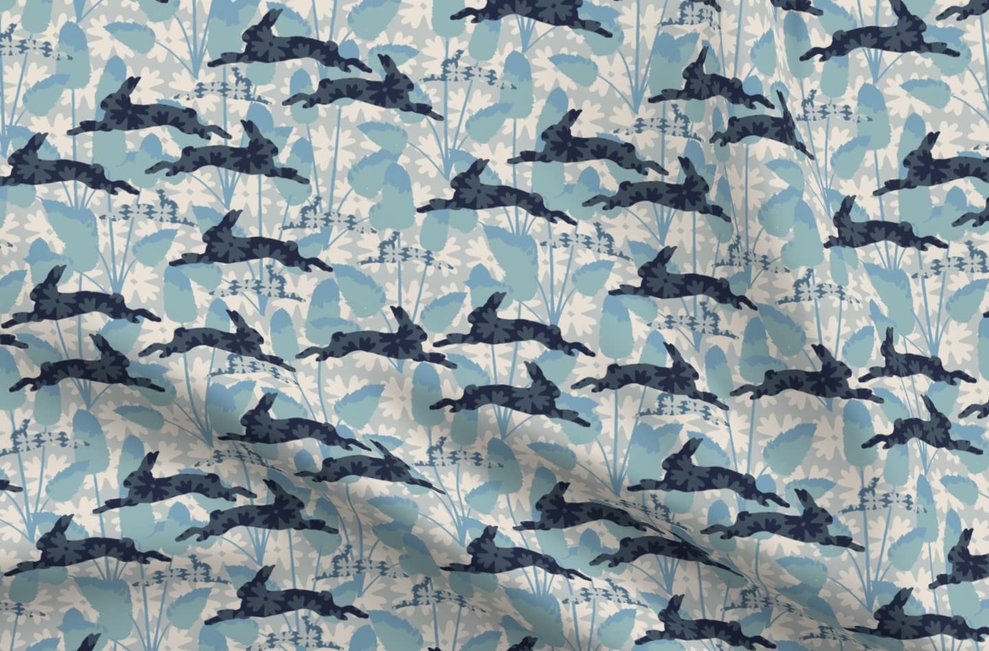 Bunny Tails Blue Green Floral Retro Animal Print Minky Fabric - Soft Plush Material for Sewing Baby Blankets, Quilt Backing & DIY Projects - Perfect for Nursery Decor, Kids Clothing & Home Crafts