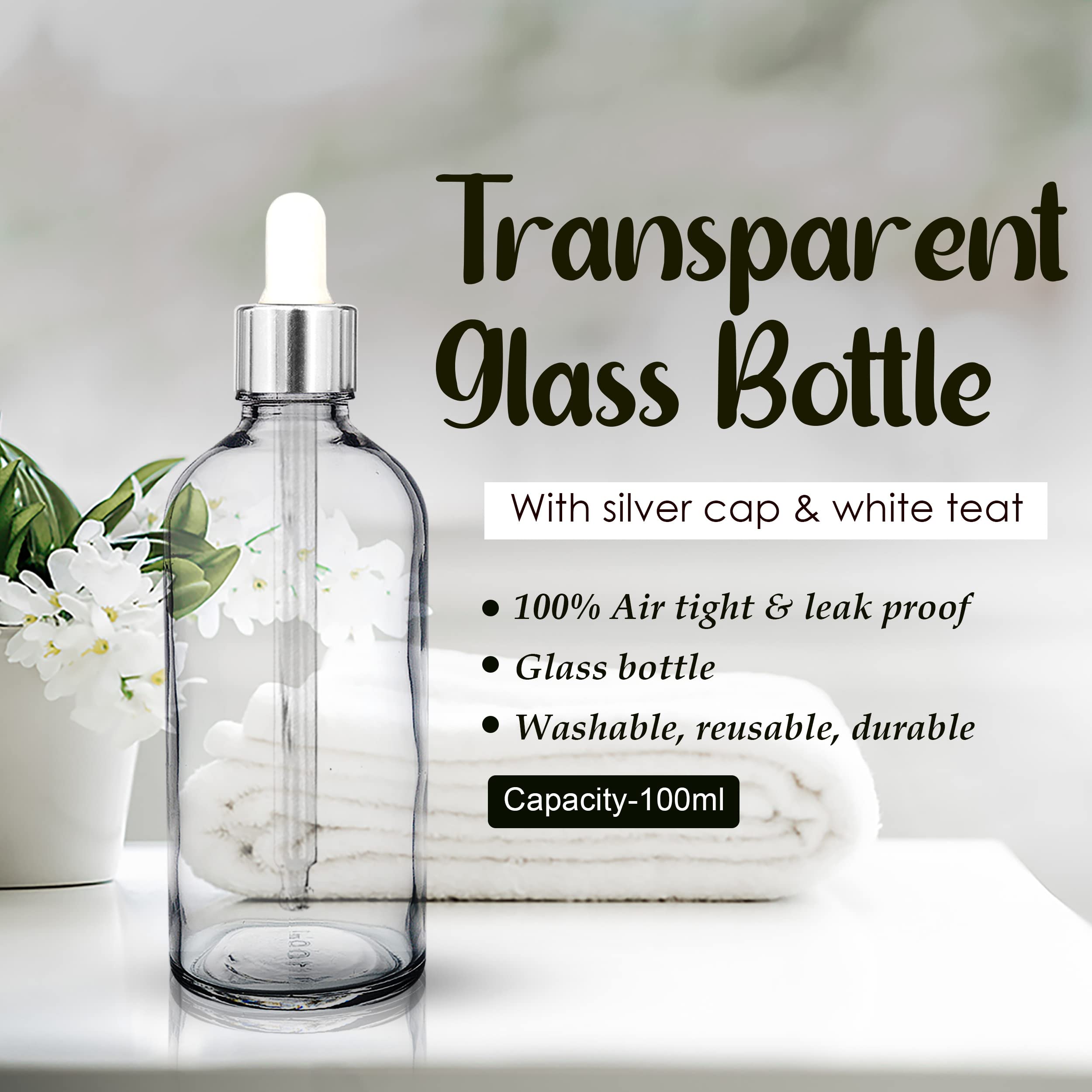 NSB Herbals 100ml Clear Round Empty Glass Bottle with Glass Dropper & Silver Ring - Refillable Essential Oil & Perfume Container (Pack of 1) | Perfect for DIY Aromatherapy, Travel Size Liquids & Homemade Beauty Products