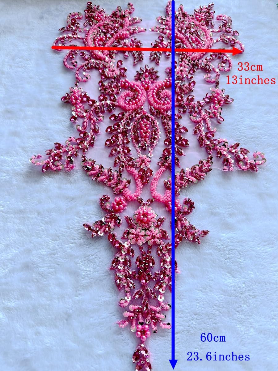 Handmade Shiny Rhinestone Applique Patches - Crystal Beaded Sequins Lace Trim for Prom Dresses, Clothing & DIY Decoration (Pink) | Perfect for Evening Gowns, Bridal Wear & Costume Design