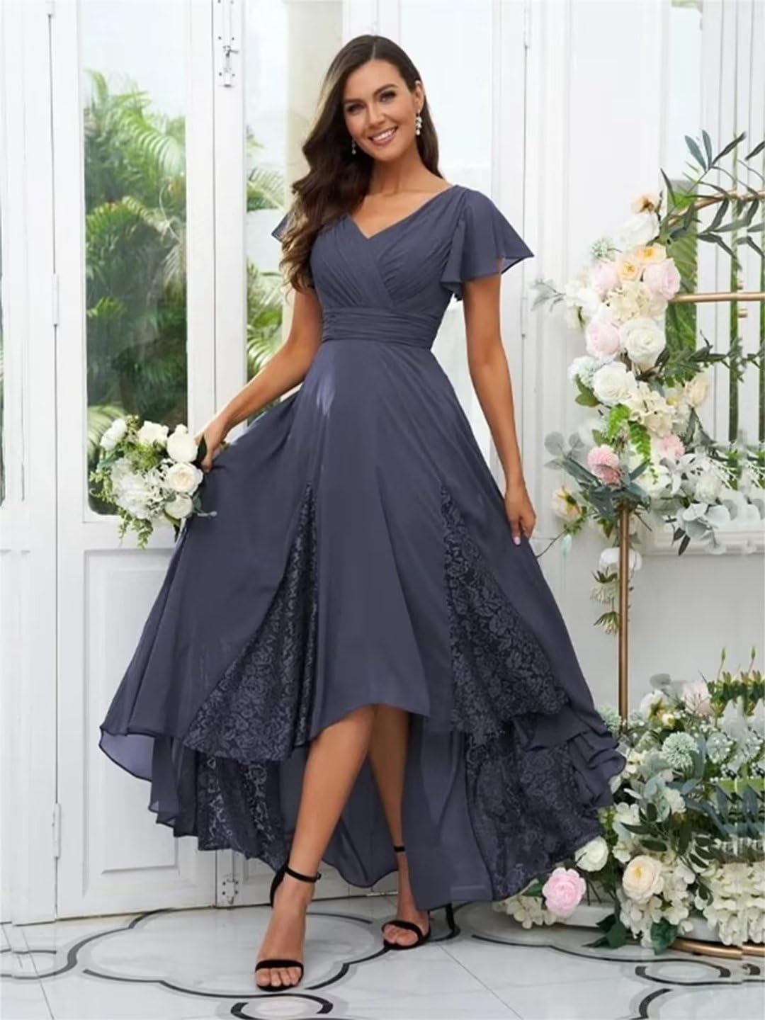 Elegant Tea-Length Mother of the Bride Dress - Lace & Chiffon Sleeved Wedding Guest Gown for Formal Occasions, Church Ceremonies & Special Events
