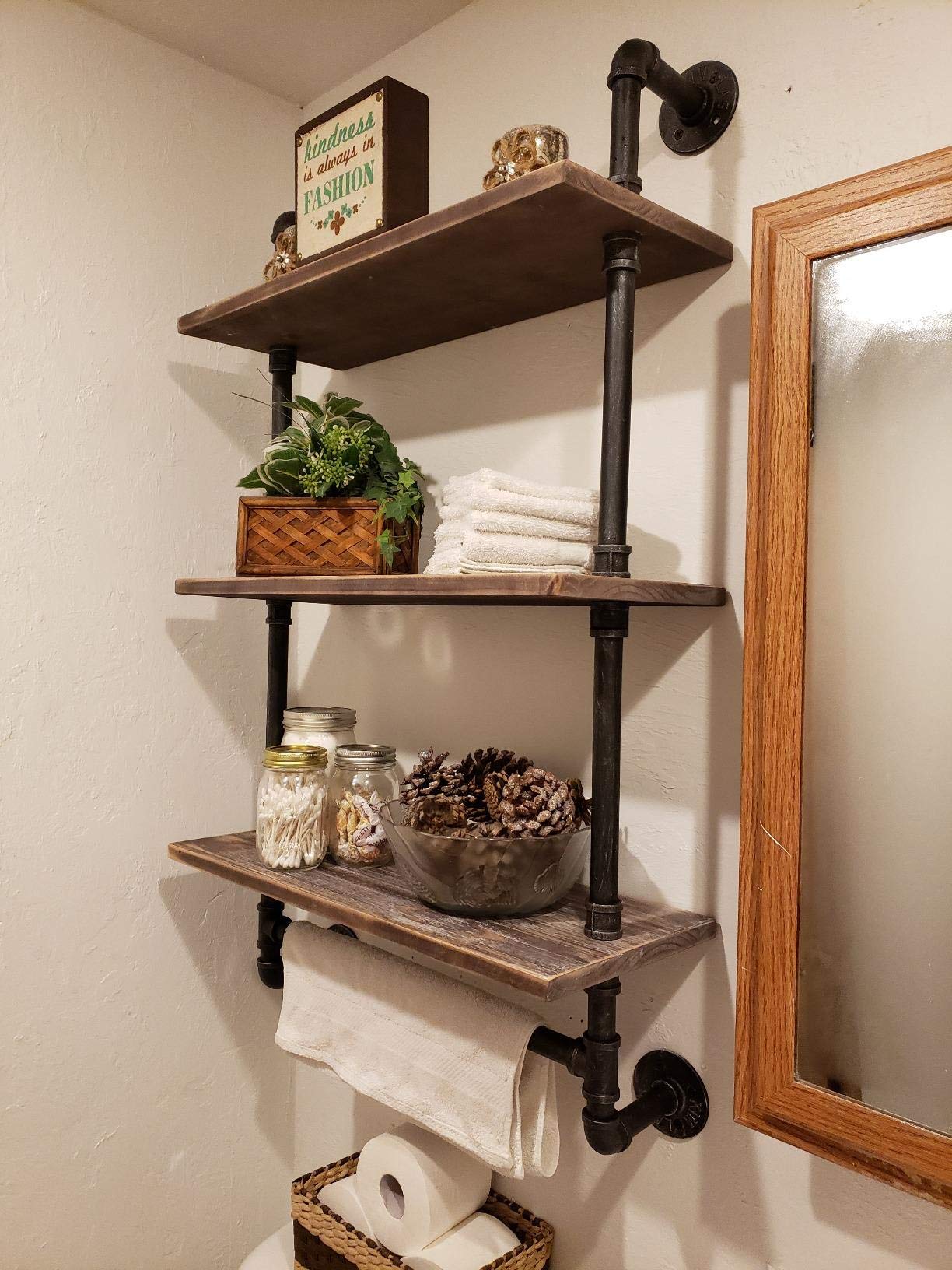 Industrial Pipe Shelf - Rustic Wall Shelf with Towel Bar, 24 Inch Bathroom Towel Rack, 3-Tier Wood Shelving Unit for Bathroom Storage | Perfect for Farmhouse Decor, Spa Organization & Small Space Solutions