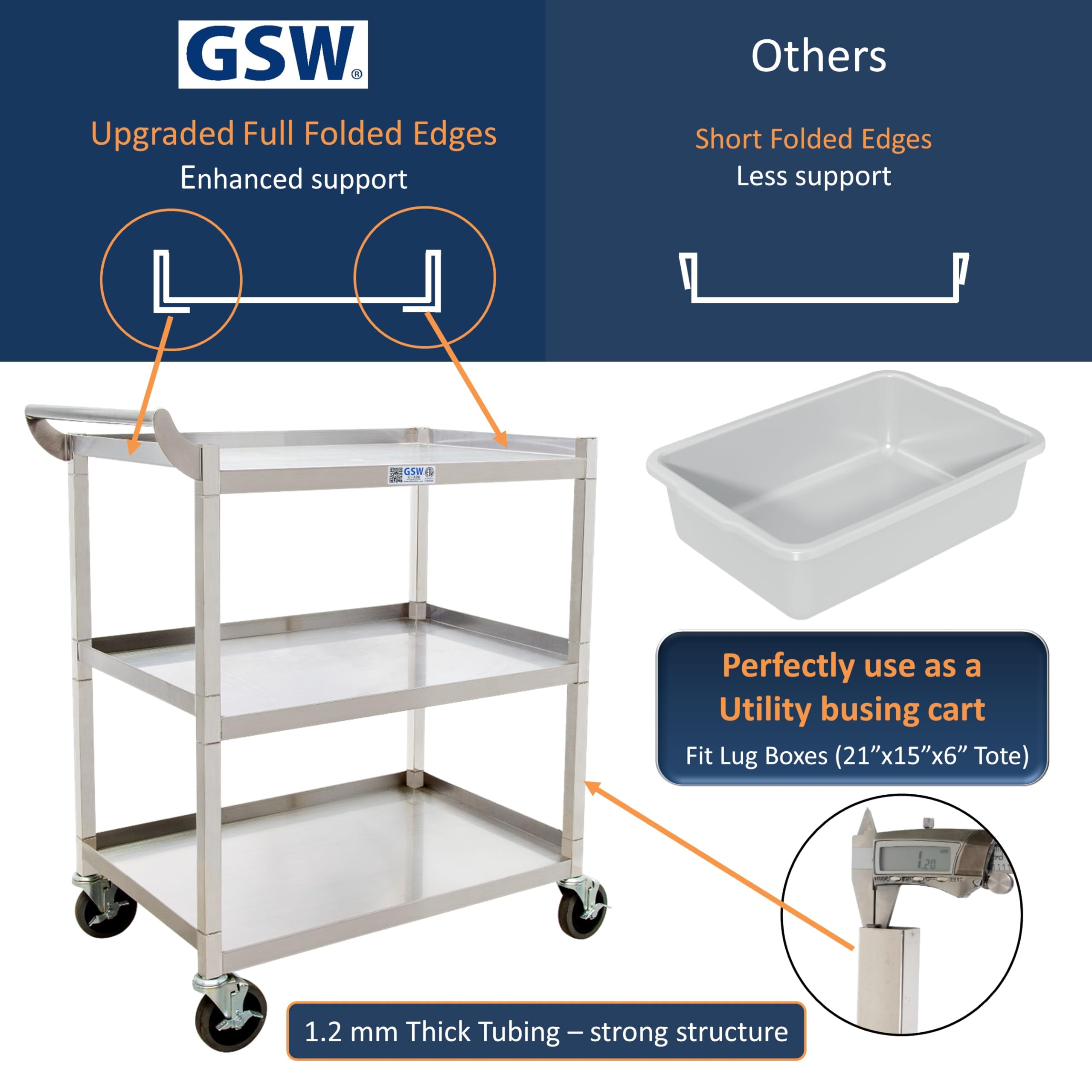 GSW C-31K 1-Inch Stainless Steel Utility Cart with 4-3/4