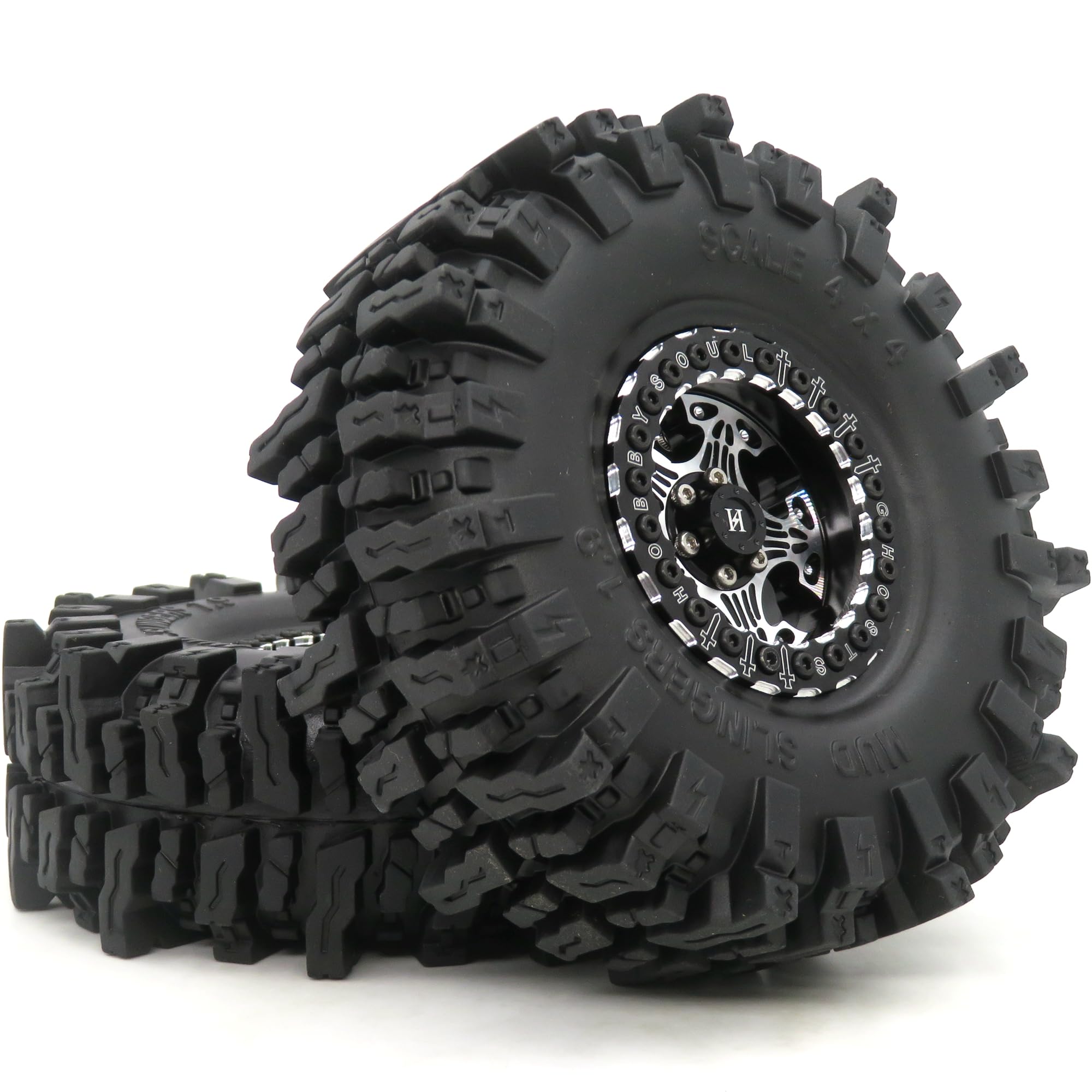 HOBBYSOUL 1.9 Mud Slingers RC Crawler Tires 120mm with Aluminum Beadlock Wheels - Black Soft Sticky 1.9 Tires & Wheels Set for 1/10 Scale Rock Crawler SCX10 Capra TRX4 Gen8 (4-Pack Pre-Assembled) - Perfect for Off-Road Trails, Rock Climbing & RC Crawling Competitions