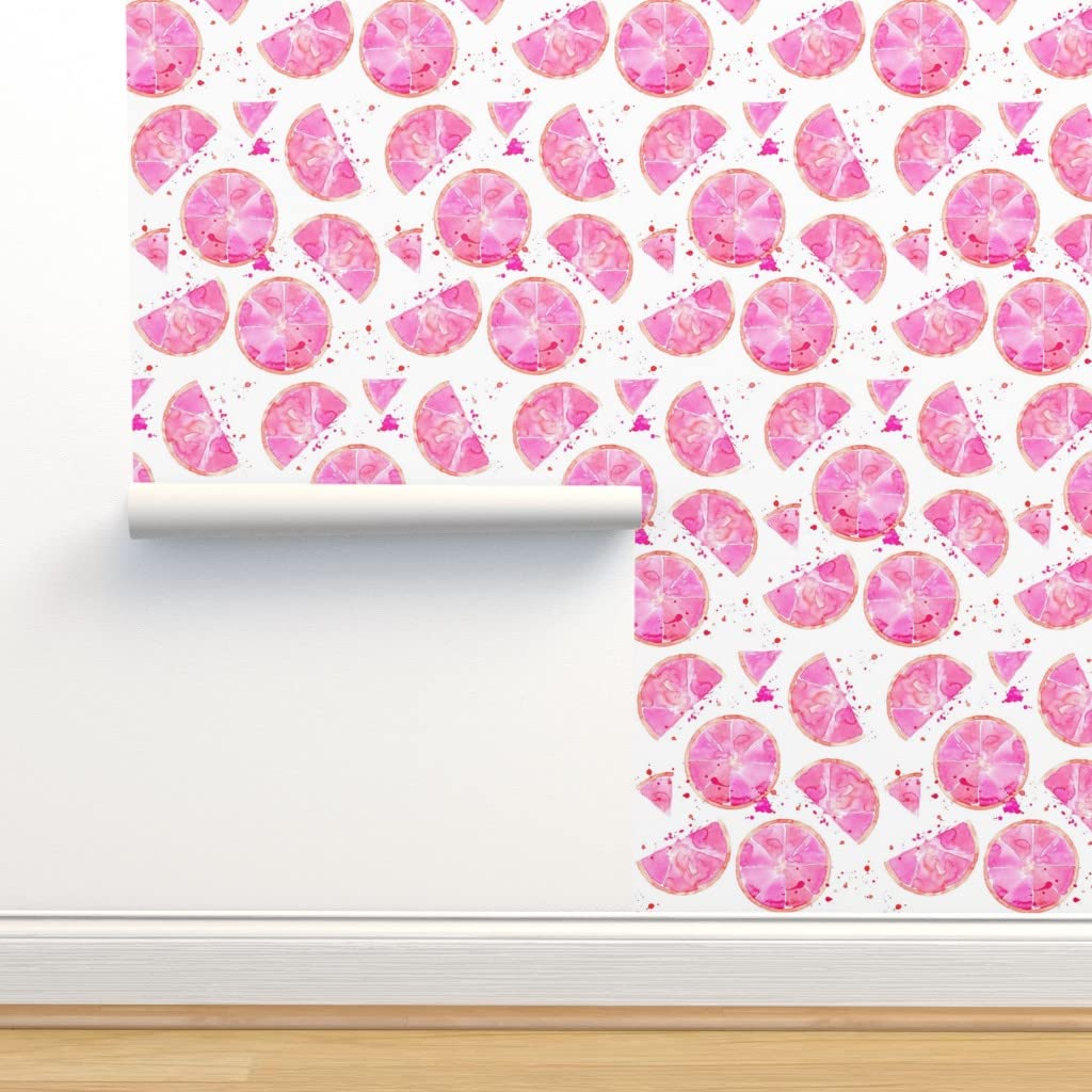 Premium Commercial Grade Wallpaper - 27ft x 2ft Pink Grapefruit Watercolor Citrus Fruit Peel & Stick Wallpaper for Kitchen, Bathroom, Nursery & Home Decor | Spoonflower Collection