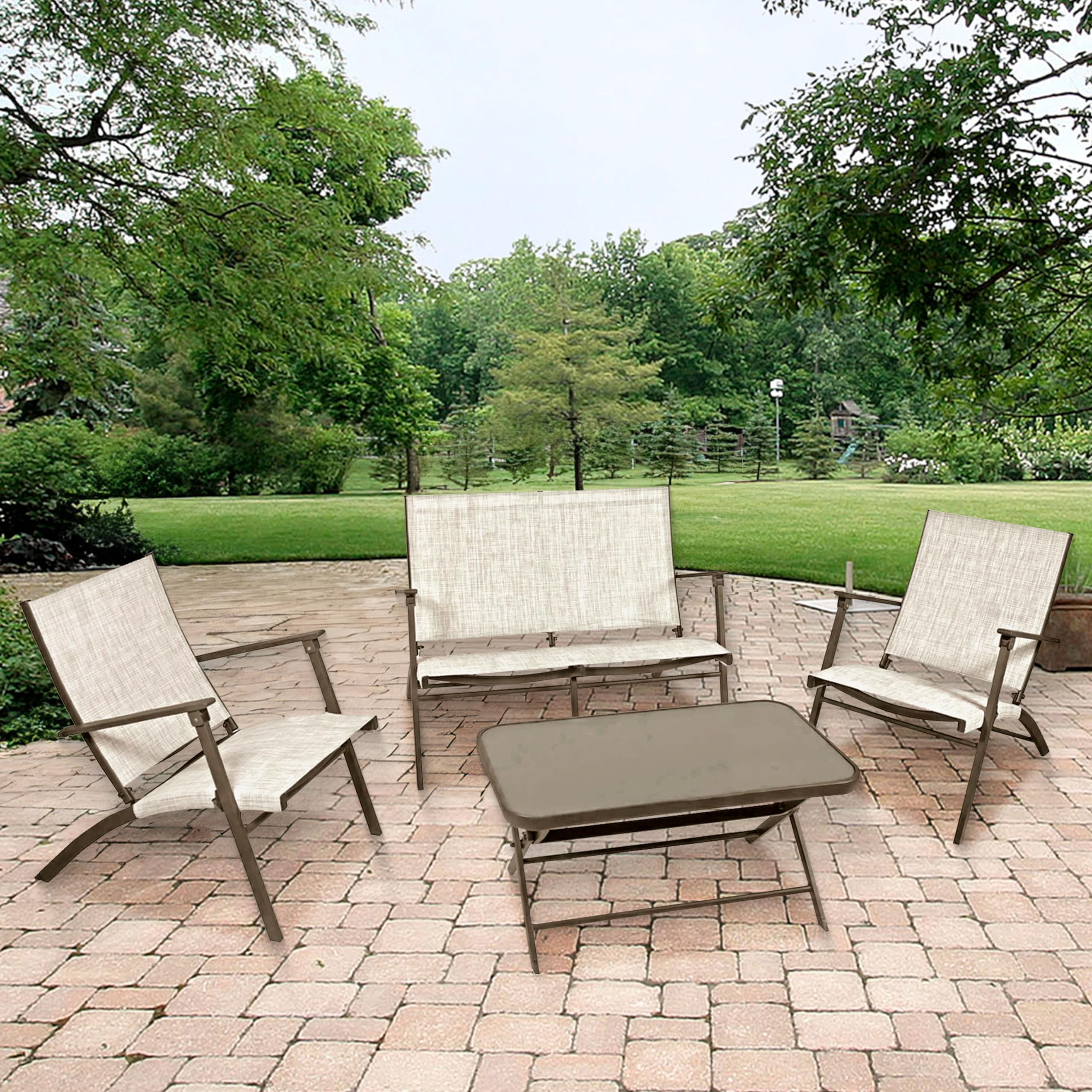 Novara 4-Piece Steel Folding Outdoor Patio Furniture Set - 2 Chairs, 1 Loveseat & Table in Tan/Espresso - Perfect for Garden, Backyard, Poolside & Patio Relaxation