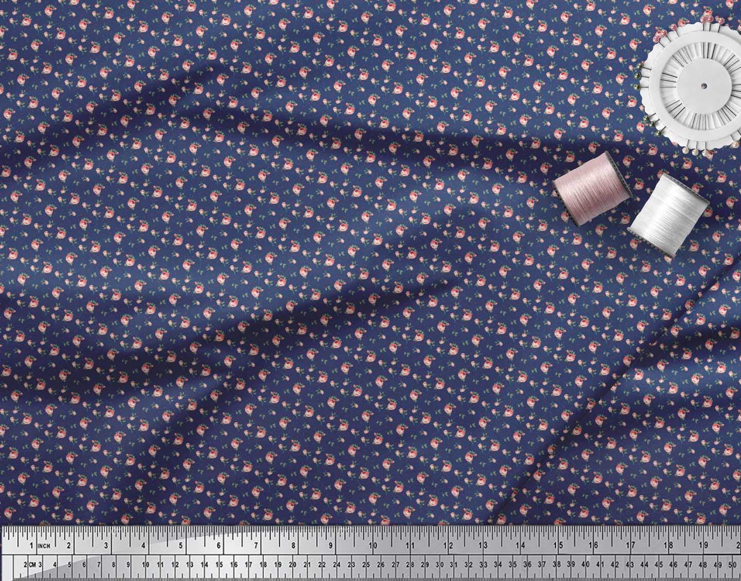 Soimoi Blue Polyester Georgette Fabric by The Yard - 52 Inch Wide - Floral Dot Leaves & Rose Print - Lightweight Draping Material for Dresses, Scarves & Home Decor