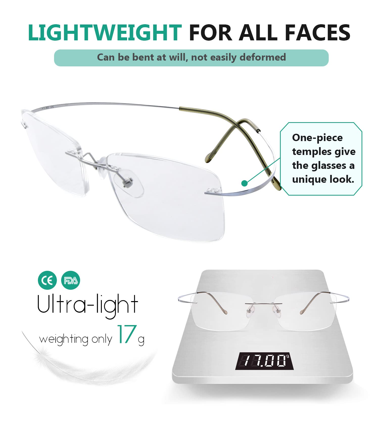 Titanium Rimless Reading Glasses for Men +2.75 Strength - Lightweight Silver Eyewear for Reading, Office & Computer Use