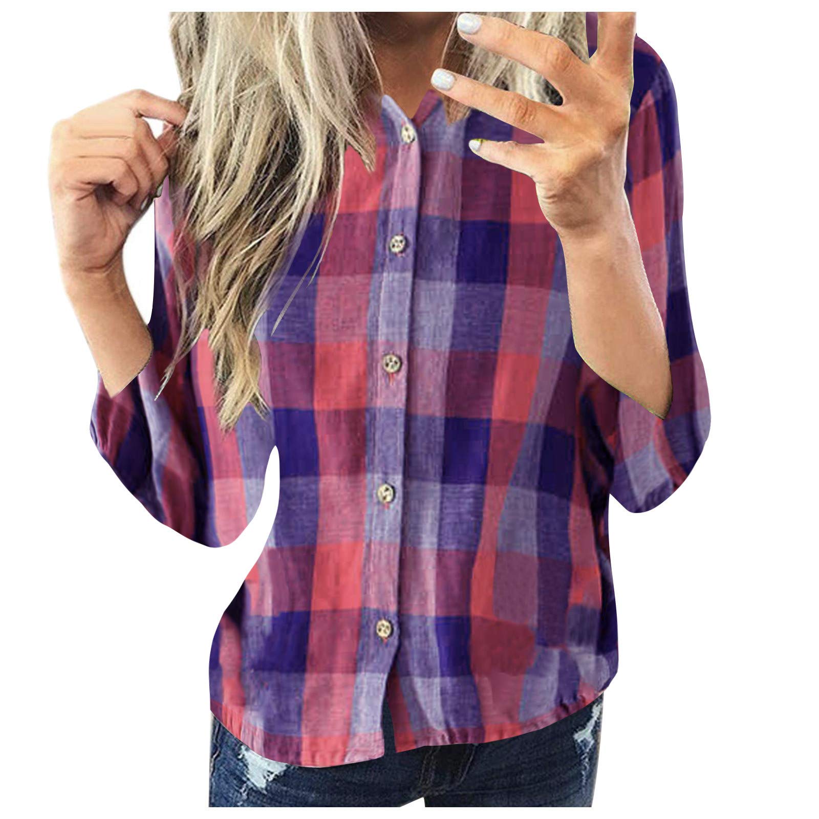 Women's Long Sleeve Plaid Shirt - Casual Cotton Button Down V-Neck Top for Women | Perfect for Fall Outfits, Workwear & Everyday Fashion