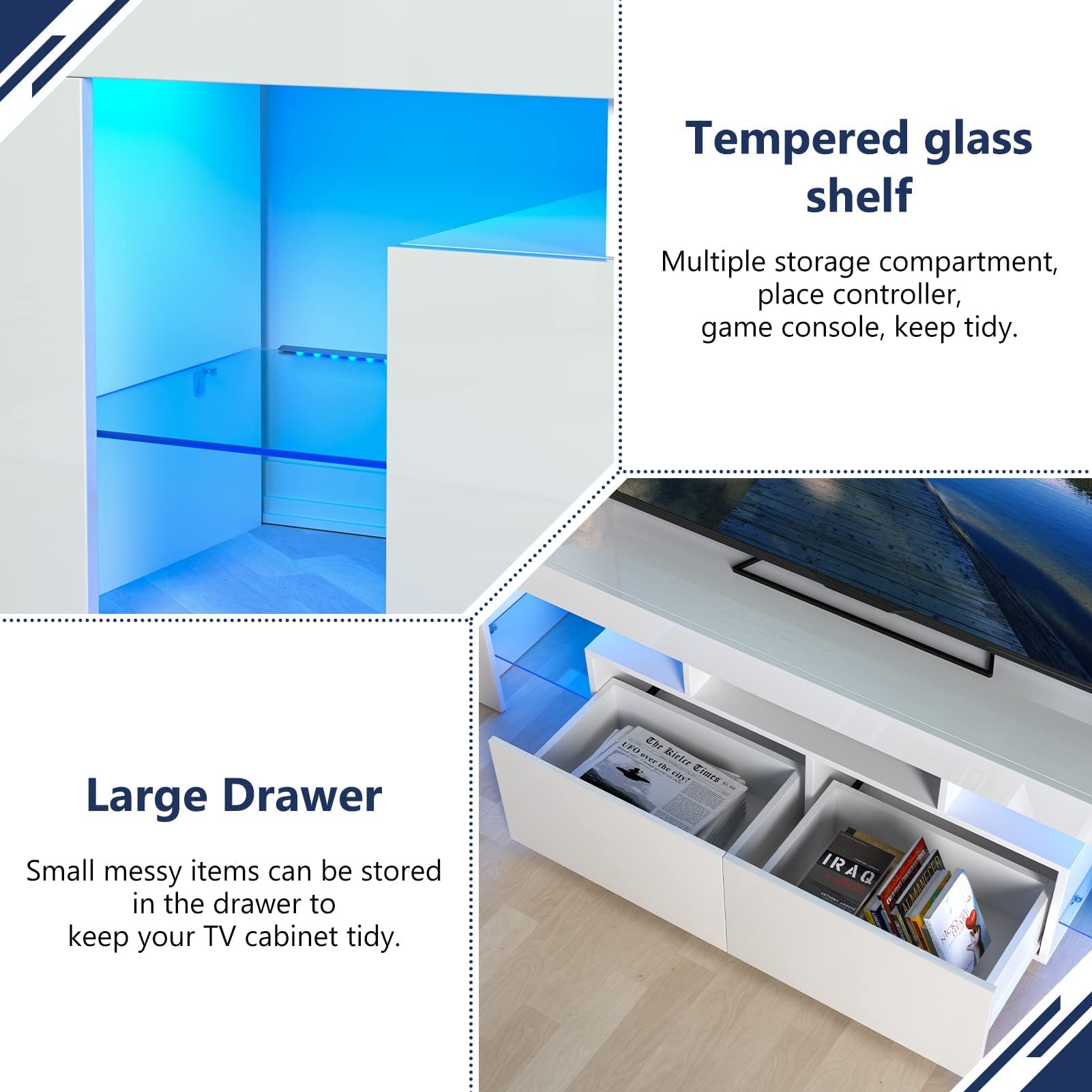 Modern RGB LED TV Stand for 60 65 70 Inch TVs - High Glossy Entertainment Center with Storage Shelves - Media Console for Living Room, Game Room & Bedroom (63