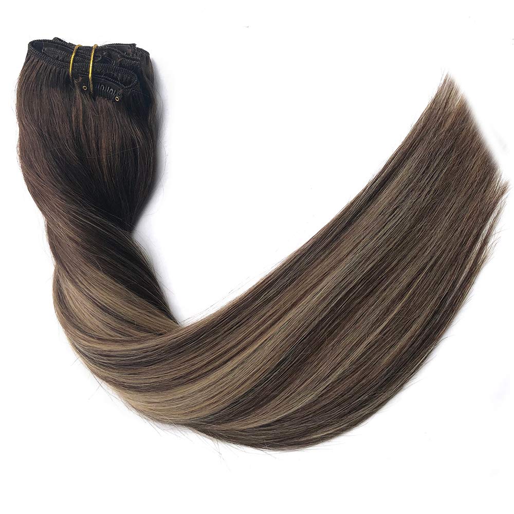 Balayage Straight Clip-in Human Hair Extensions #4 Medium Brown to #24 Medium Auburn - 100G 8pcs Double Weft Remy Hair - 100% Real Human Hair Silky Straight 14