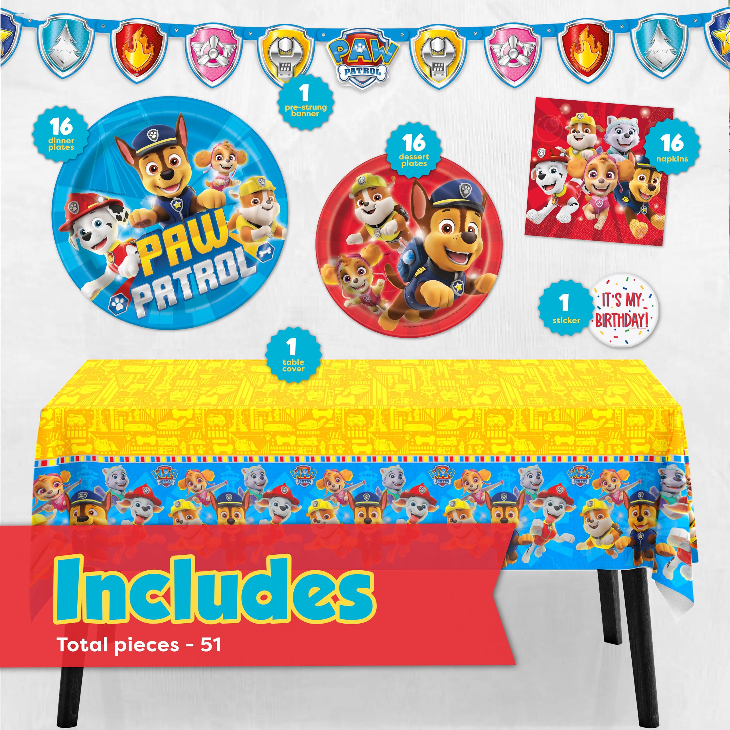 Paw Patrol Birthday Party Decorations Set - Officially Licensed Supplies for 16 Guests | Includes Banner, Tablecloth, Plates, Napkins & Stickers | Perfect for Kids' Birthday Parties, Themed Events & Classroom Celebrations