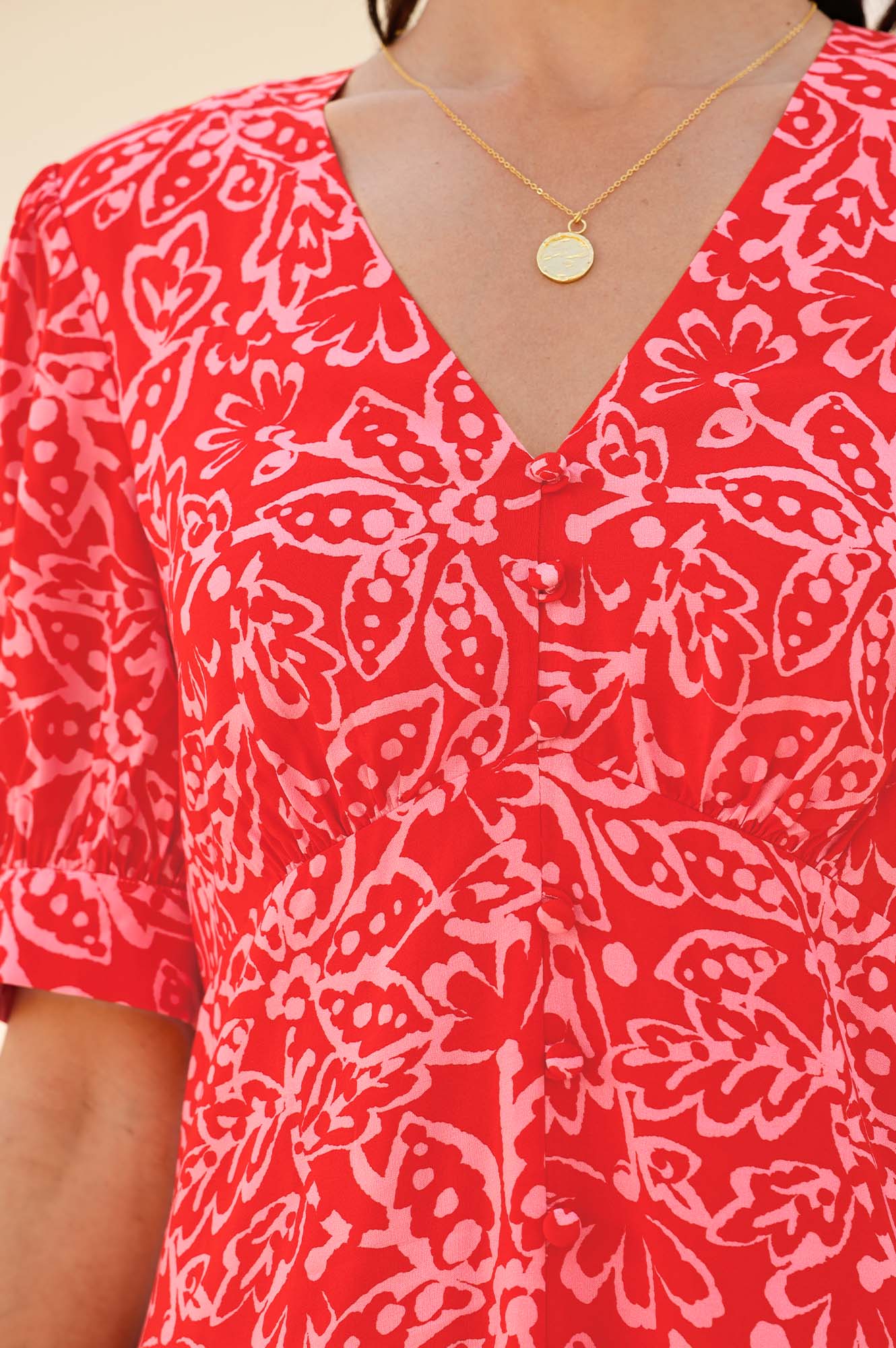 Anne Tea EcoVero™ Floral Dress - Spring Garden Red/Pink Flowy Midi Dress | Sustainable Viscose Dress for Women | Perfect for Garden Parties, Brunch Dates & Summer Weddings