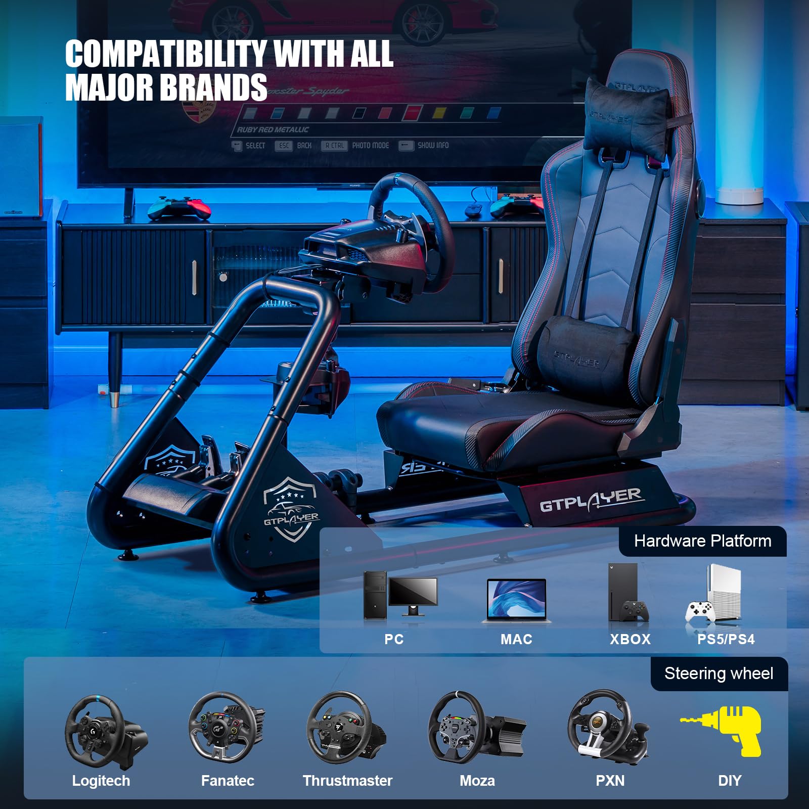 GTPLAYER Racing Simulator Cockpit with Adjustable Seat & Bluetooth Speakers - Ultra-Sturdy Alloy Steel Frame for Realistic Driving Experience - Perfect for PC/PS4/PS5/Xbox Racing Games & Home Entertainment Setup (Black)
