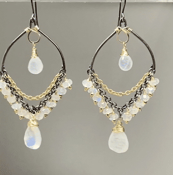 Rainbow Moonstone Mixed Metal Chandelier Earrings for Women | Elegant Bohemian Jewelry for Parties, Weddings & Special Occasions