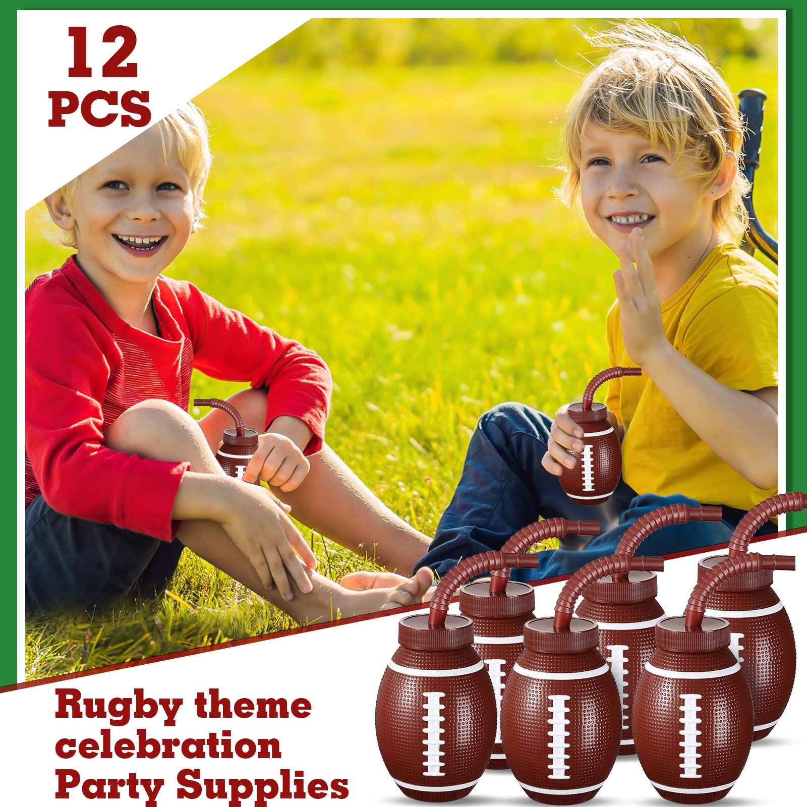 12-Pack 10oz Football-Themed Plastic Cups with Straws & Lids - Reusable Kids Party Cups for Birthday, Super Bowl, Tailgating & Sports Theme Parties - Bulk Football Party Supplies for Toddlers & Children