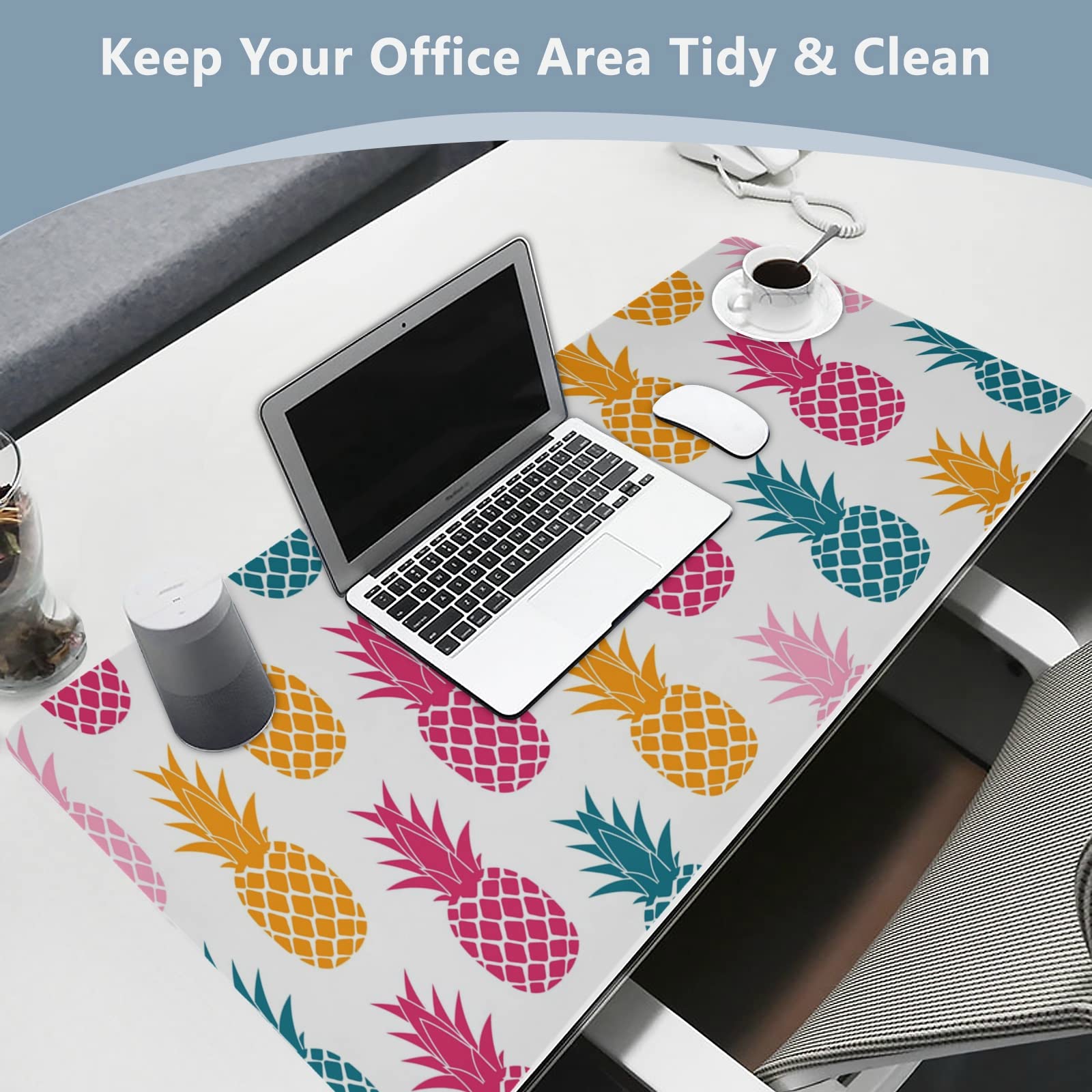 Premium Pineapple Print Leather Desk Mat - Dual Sided Waterproof Large Mouse Pad (23.6x47.2in) for Office, Gaming & Home - Writing Surface, Desk Protector & Stylish Workspace Decor