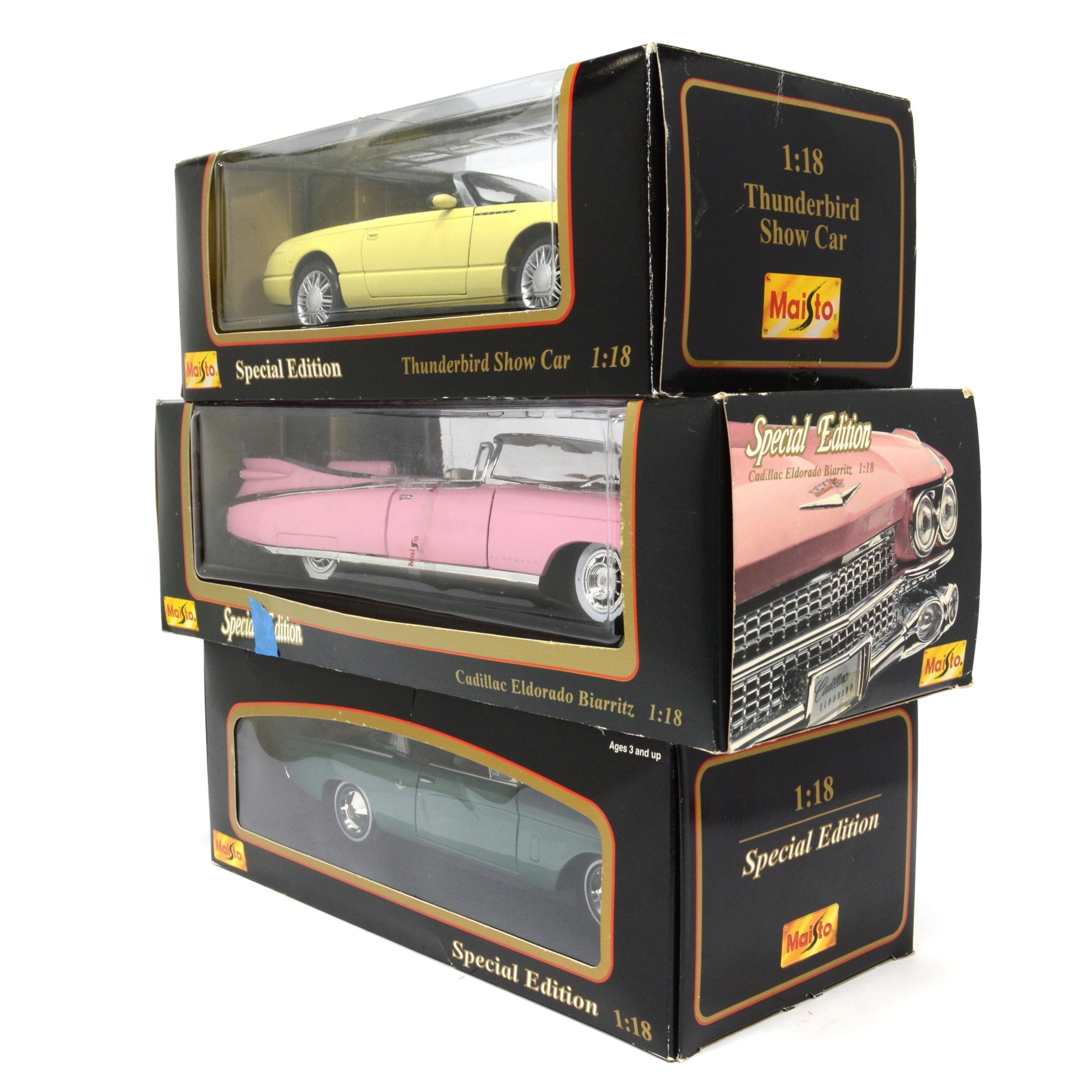 3-Pack Maisto 1:18 Scale Diecast Model Cars - Pink Cadillac, Studebaker & Thunderbird - Collectible Display Models for Car Enthusiasts & Home Decor