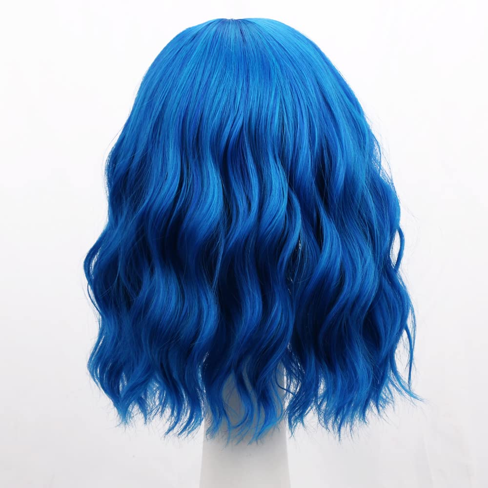Bob Wig with Bangs - Shoulder Length Loose Wavy Synthetic Hair Cosplay Wig in Vibrant Blue | Perfect for Halloween Costumes, Cosplay Events & Themed Parties