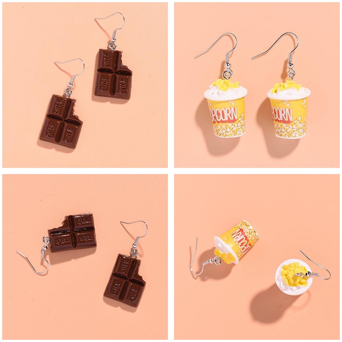 2 Pairs Funny Resin Food Earrings - Cartoon Popcorn & Kawaii Chocolate Drop Dangle Earrings for Women | Unique Gift for Food Lovers, Costume Parties & Casual Wear