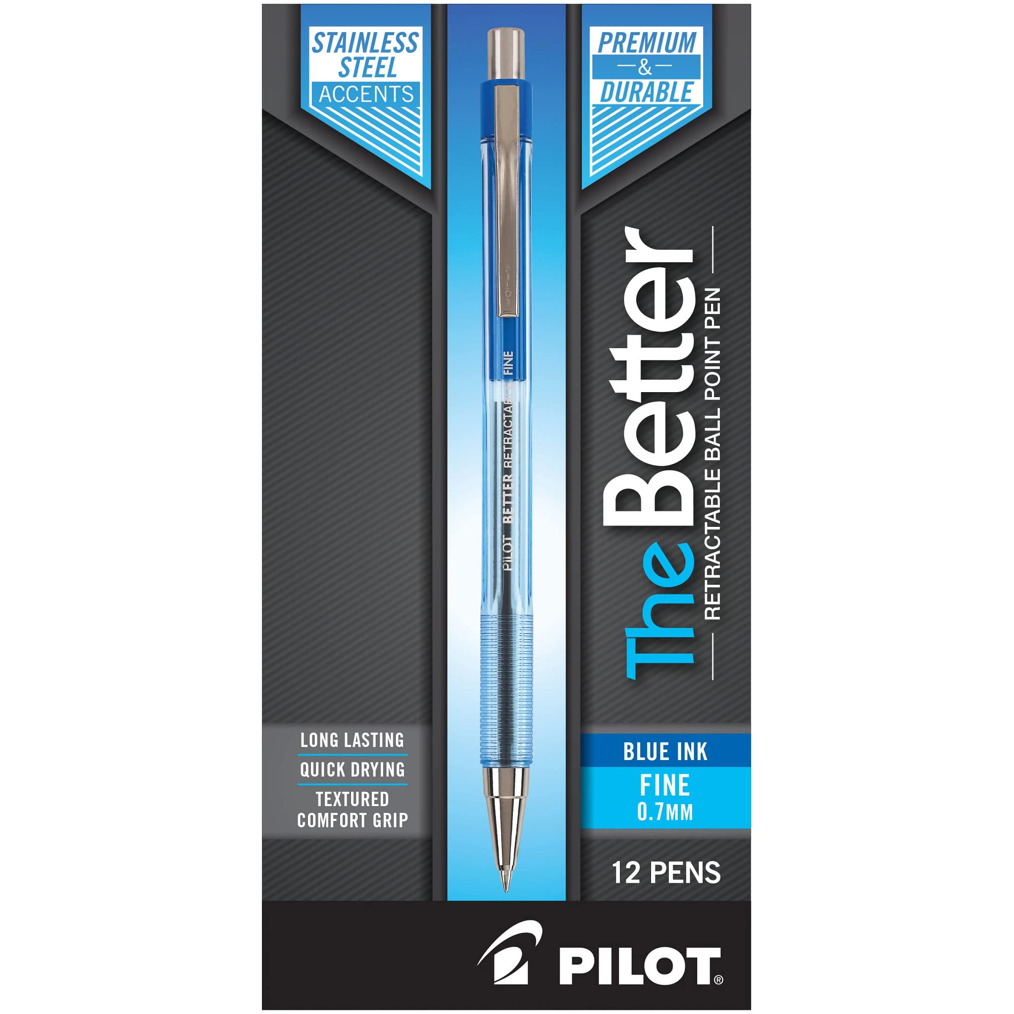 PILOT The Better Ball Point Pen - Refillable & Retractable Fine Point Ballpoint Pens with Smooth Blue Ink - 12-Pack (30001) for Office, School, Note Taking & Everyday Writing