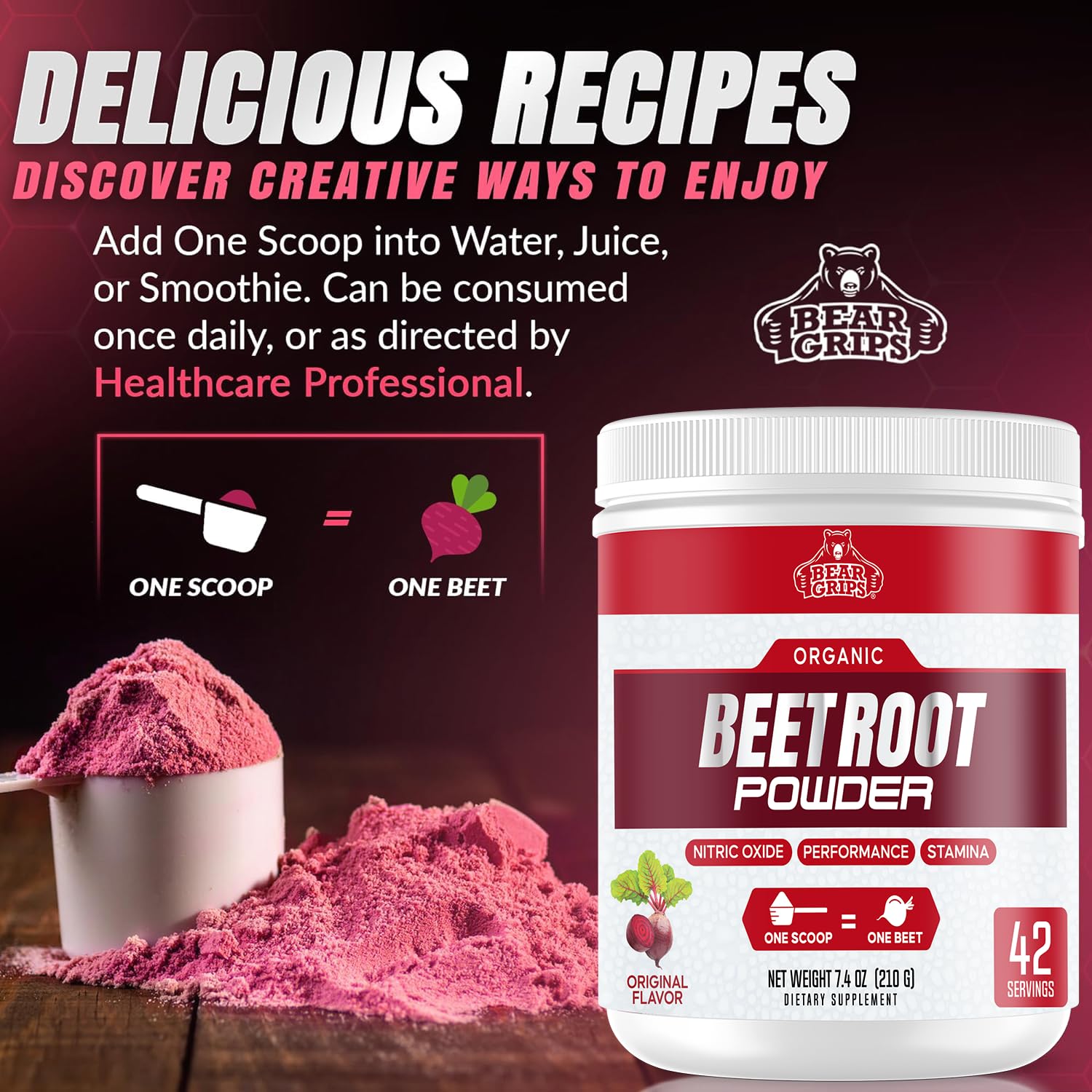 Organic Beet Root Powder - Nitric Oxide Booster, Superfood Supplement for Blood Pressure & Heart Health Support | Vegan, Non-GMO, Gluten-Free | Perfect for Smoothies, Baking & Daily Wellness