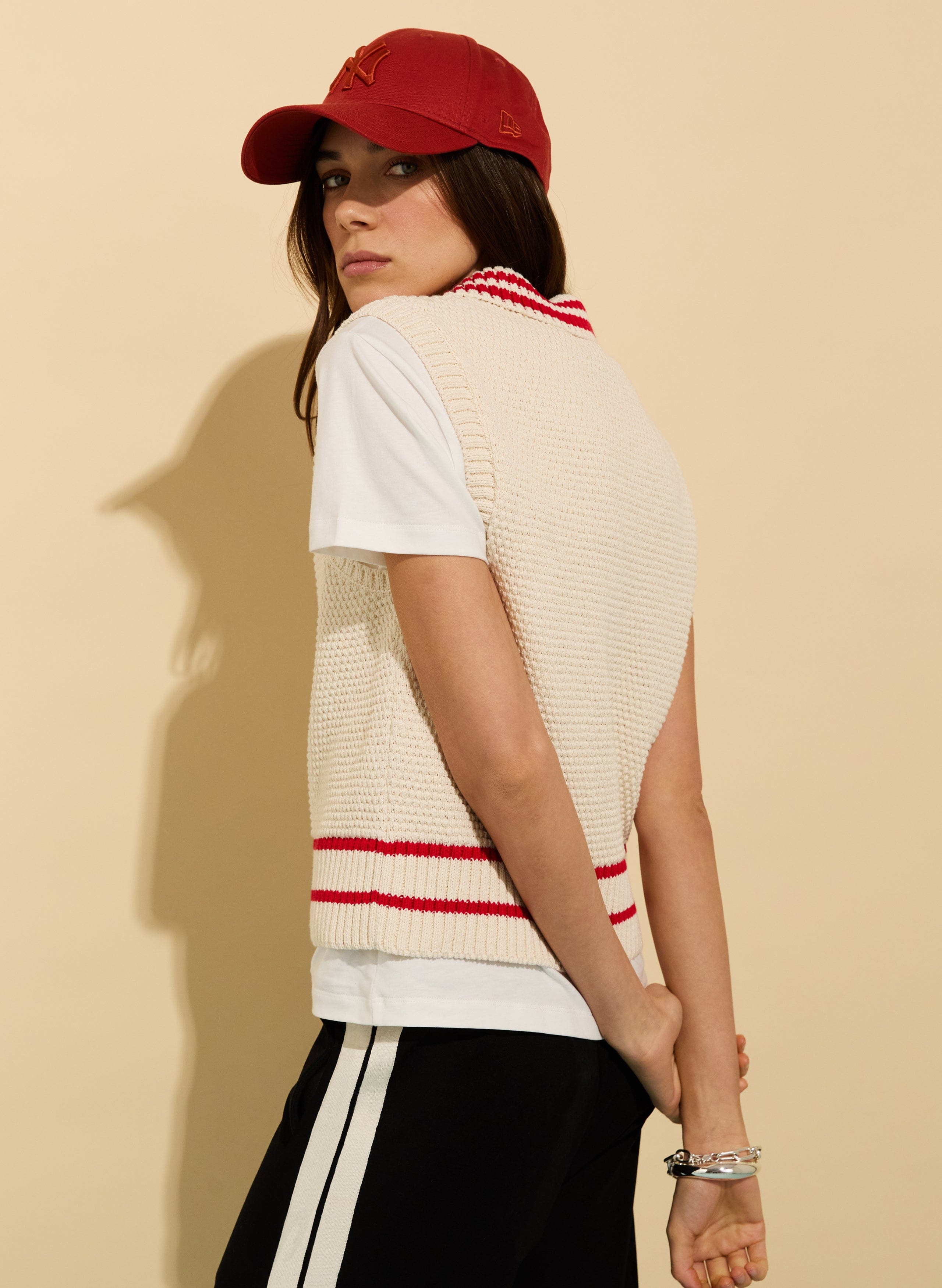 Agnes ECOTEC® Cotton Knitted Vest for Women - Soft Breathable Pullover Sweater, Cream & Crimson Colors | Perfect for Layering in Fall & Winter, Office Wear & Casual Outfits