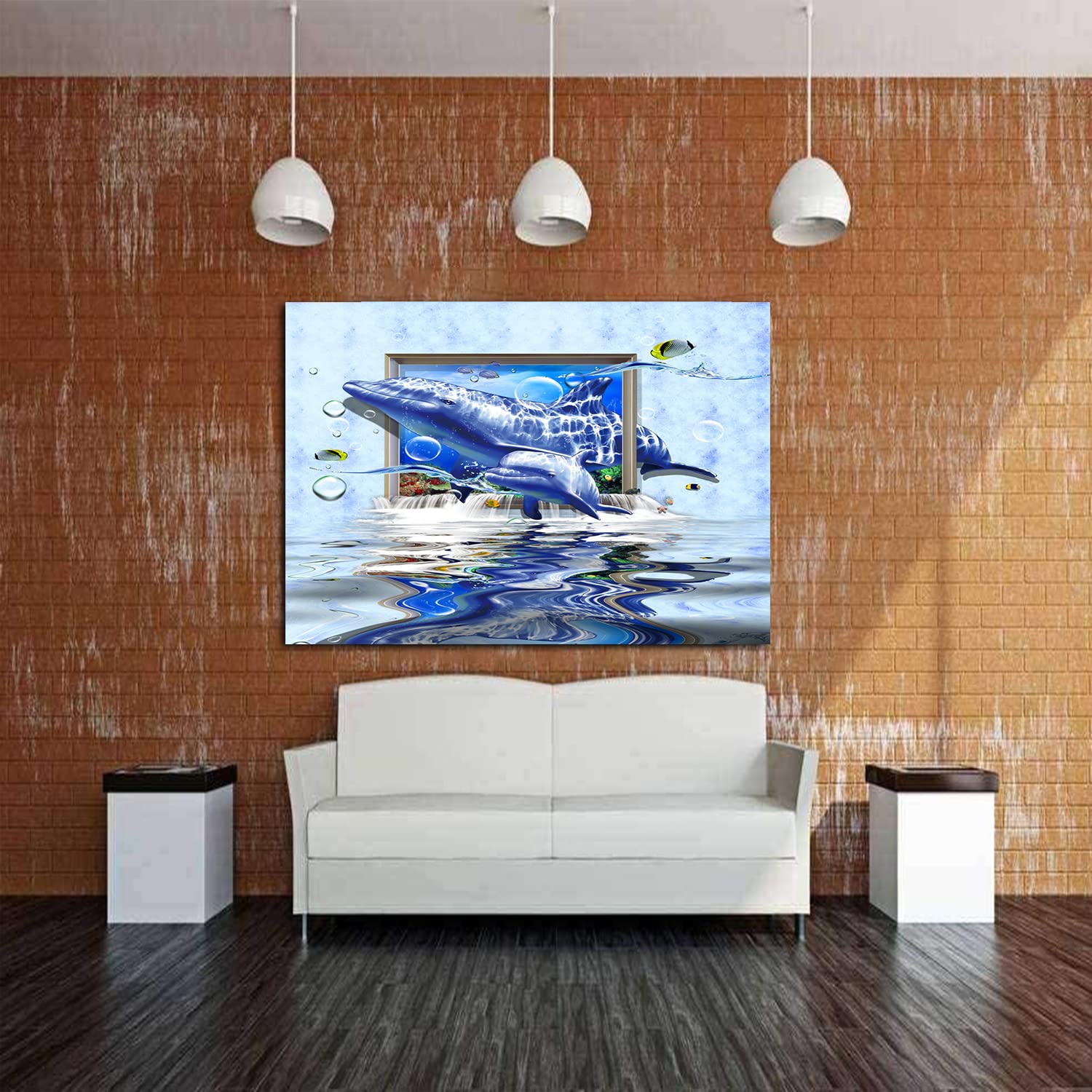 Dolphin Canvas Wall Art - Framed Jumping Dolphin Painting for Home, Office & Bedroom Decor - Ready to Hang - Perfect for Coastal, Nautical & Ocean Theme Rooms