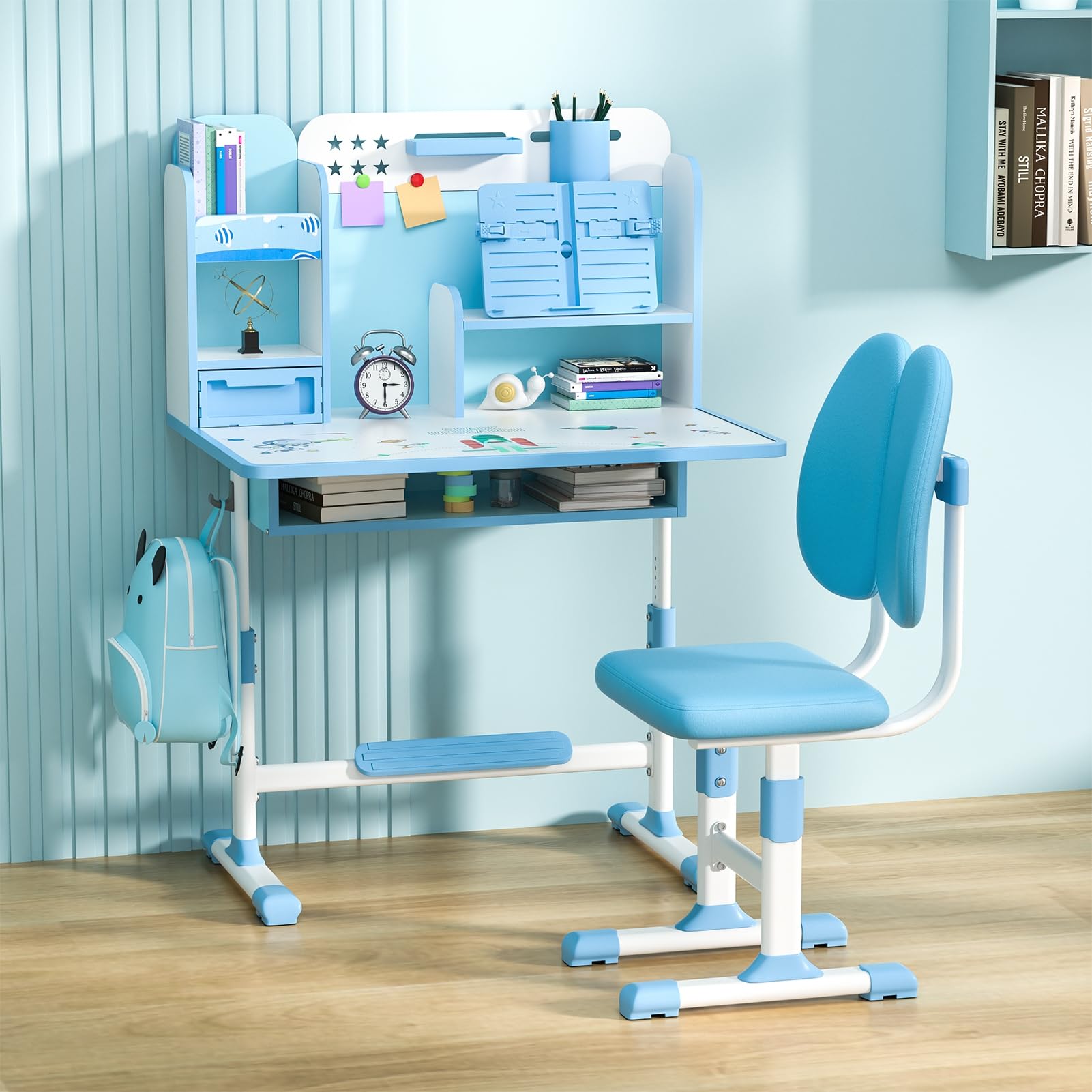Adjustable Kids Study Desk and Chair Set with Storage Drawer & Bookstand - Ergonomic Blue Children's Learning Table for Home Schooling, Online Classes & Homework - Perfect for Small Spaces & Growing Students