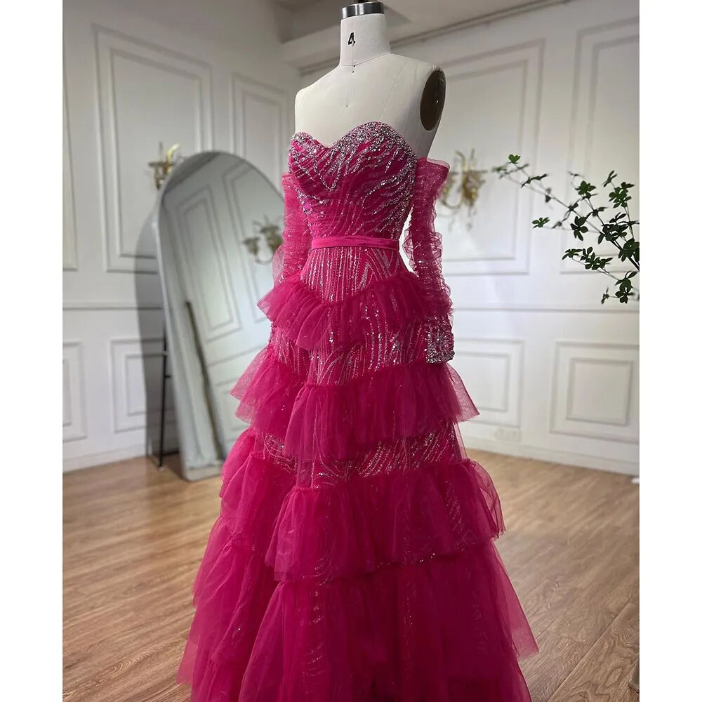 Elegant Fuchsia A-Line Sweetheart Off-Shoulder Beaded Tiered Evening Dress for Women - Prom, Party & Formal Occasions - Serene Hill LA72035 - Perfect for Weddings, Galas & Special Events
