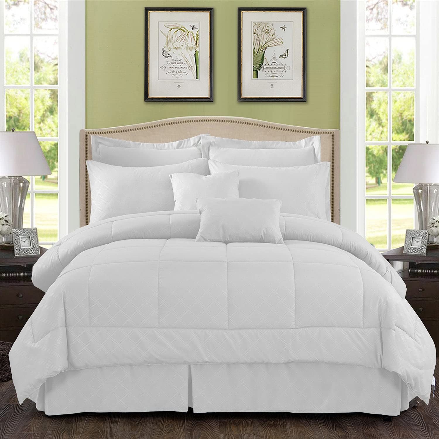 8/10-Piece White Plaid Comforter Set King Size - Soft Luxury Bedding for Master Bedroom, Guest Room & Dorm Decor