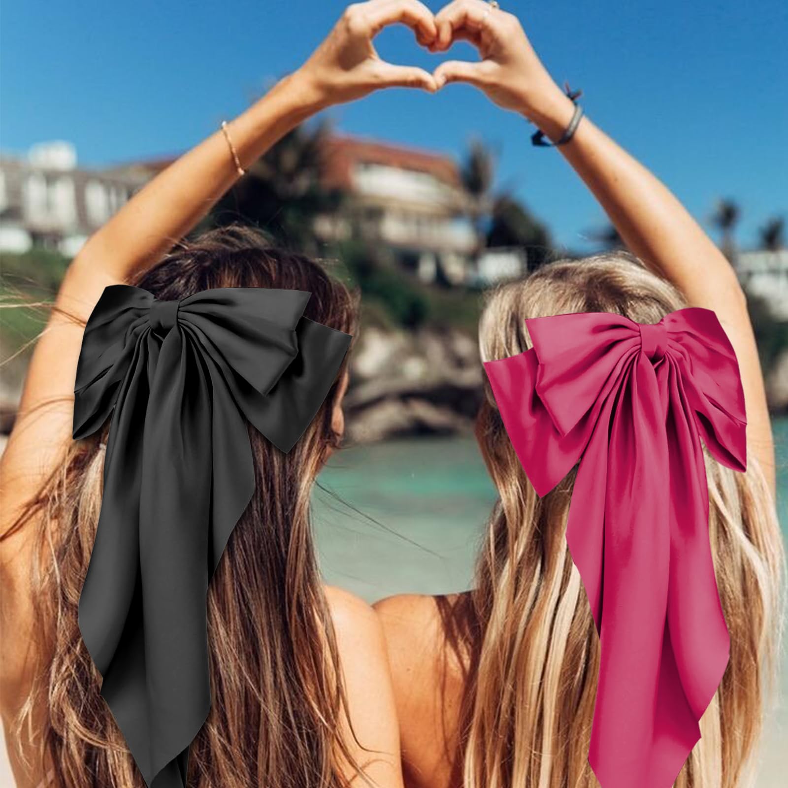 Elegant Satin Hair Bows for Women & Girls - 2 Pack Large Silky Bow Hair Clips with Metal Clips & Long Tails - Perfect Hair Accessories for Parties, Weddings & Birthday Gifts (Black & Red)