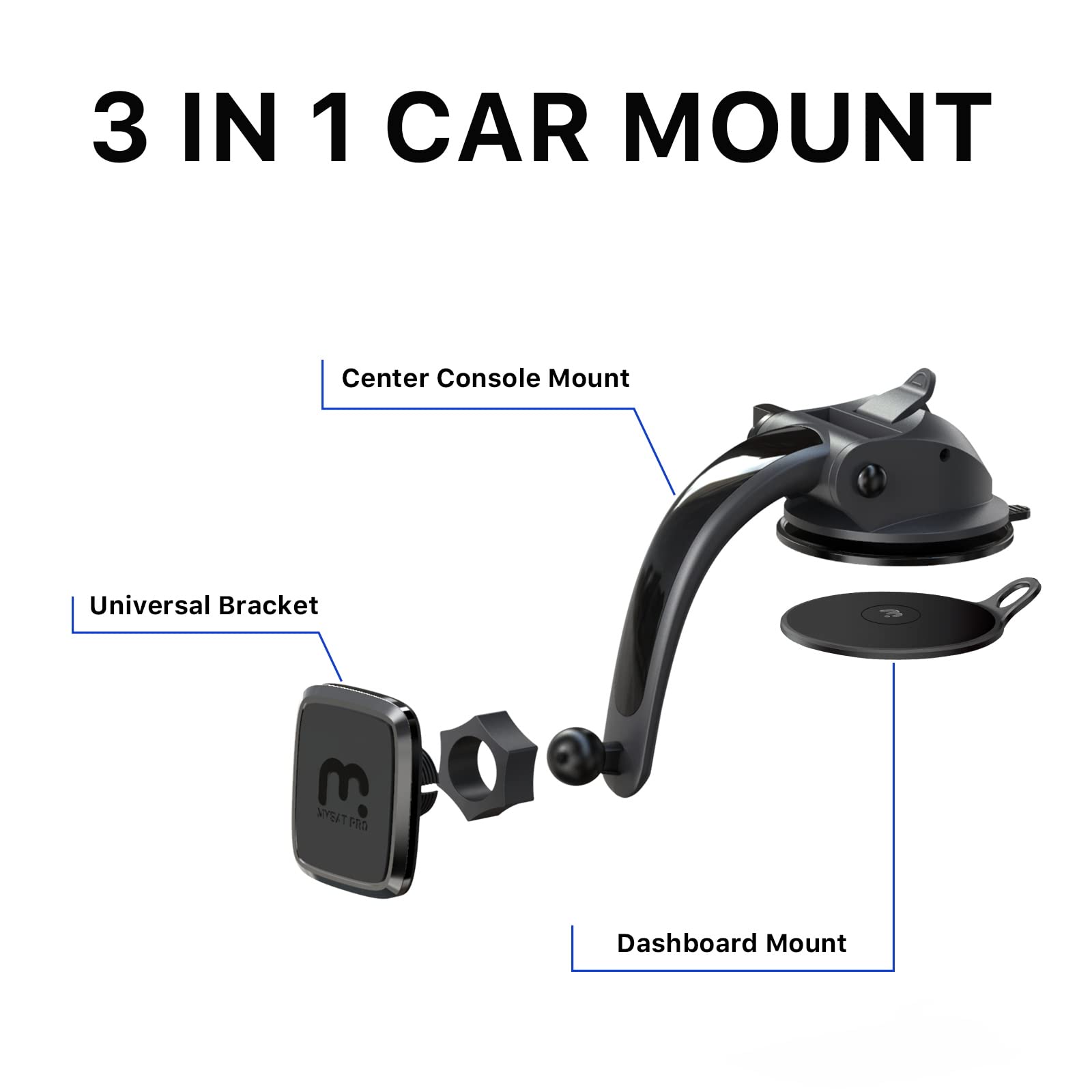 MyBat Pro Universal Magnetic Car Phone Holder - Strong 4 Suction Cup Mount for All Smartphones (iPhone, Samsung, Android) - Easy Installation & Secure Grip for Driving, Commuting & GPS Navigation