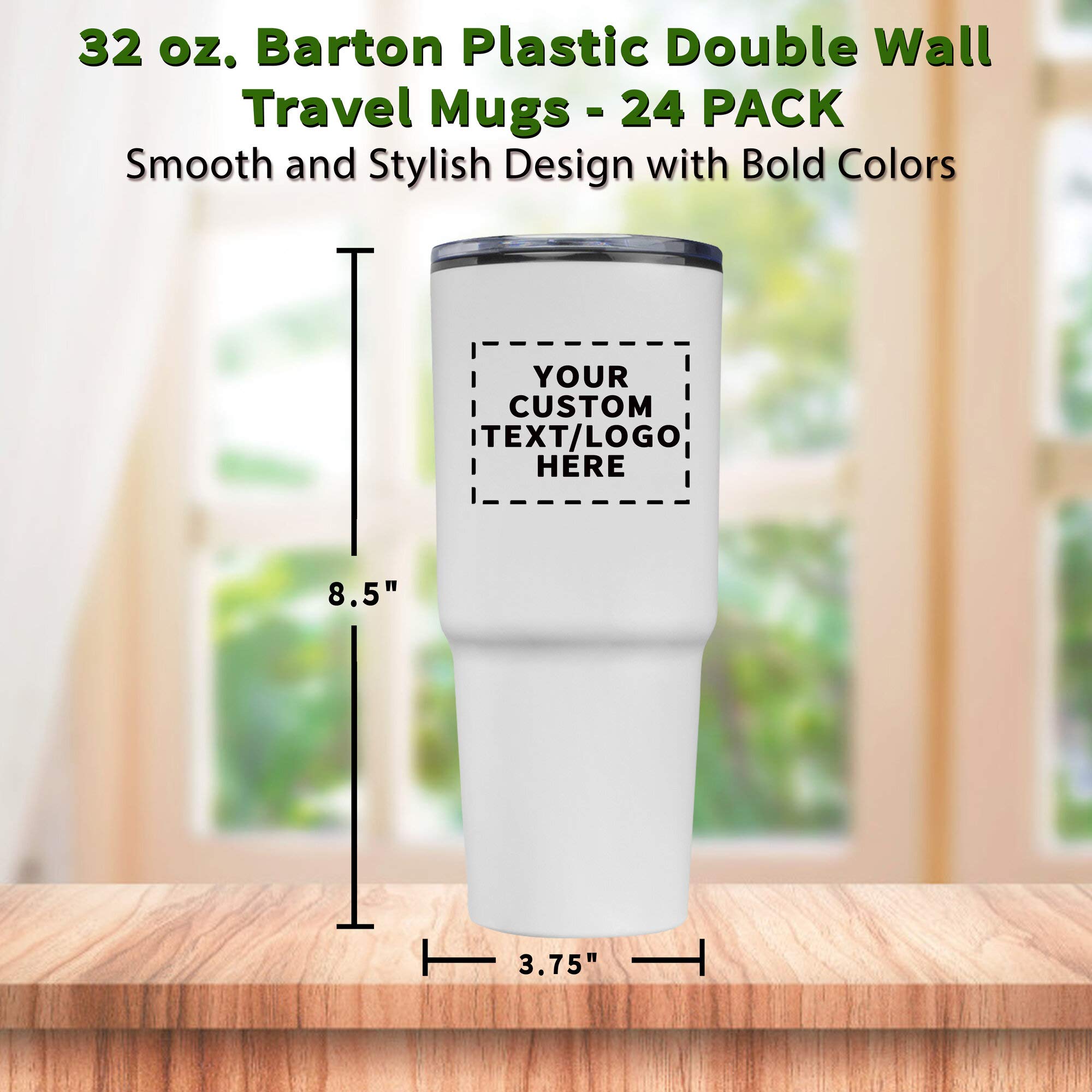 32 oz. Personalized Barton Plastic Double Wall Travel Mugs - 24 Pack with Custom Text & Logo - White - Perfect for Office, Events & Promotional Gifts