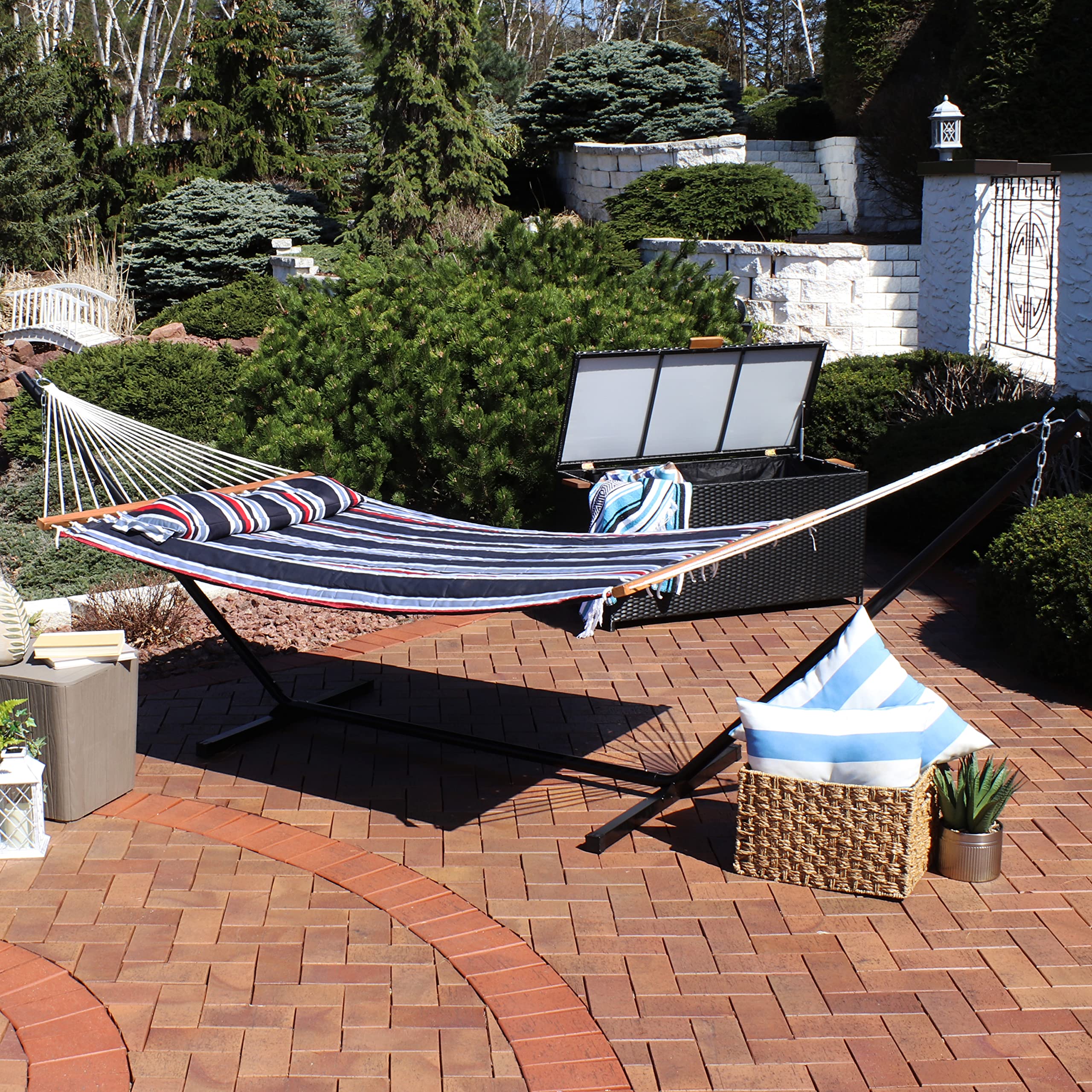 Sunnydaze Quilted Double Hammock with Stand for Outdoor Use - 350lb Capacity 2-Person Hammock with 12-Foot Steel Stand - Nautical Stripe Design - Perfect for Backyard, Patio, Beach & Camping Relaxation