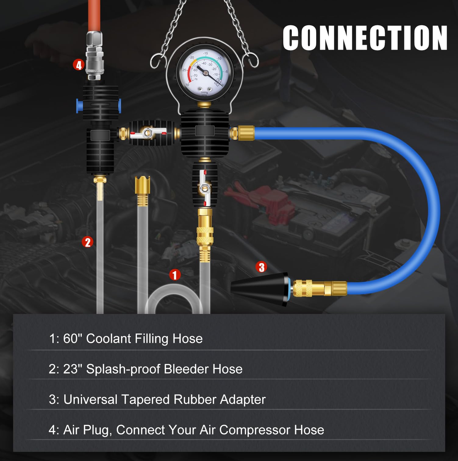 JIFETOR Universal Automotive Cooling System Vacuum Purge Kit - Radiator Coolant Refill Tool with Adapters, Case & Hose for Car, Van, SUV, Truck - Perfect for Antifreeze Change & Cooling System Maintenance