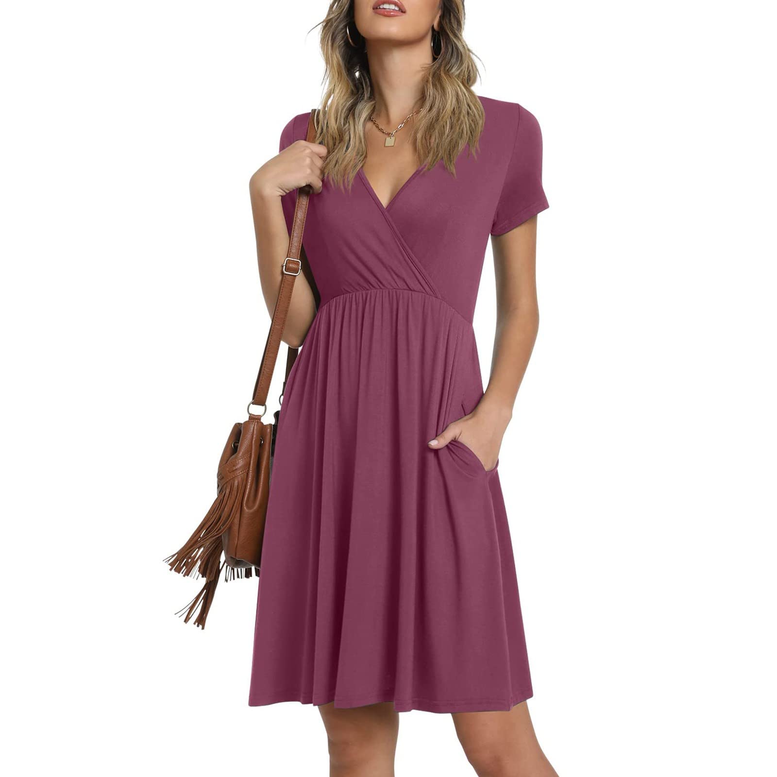 KUIOLYPOER Women's Summer Sundress - Casual Loose V-Neck Short Sleeve Smocked Elegant Dress | Soft & Comfortable for Beach, Vacation, Party & Daily Wear