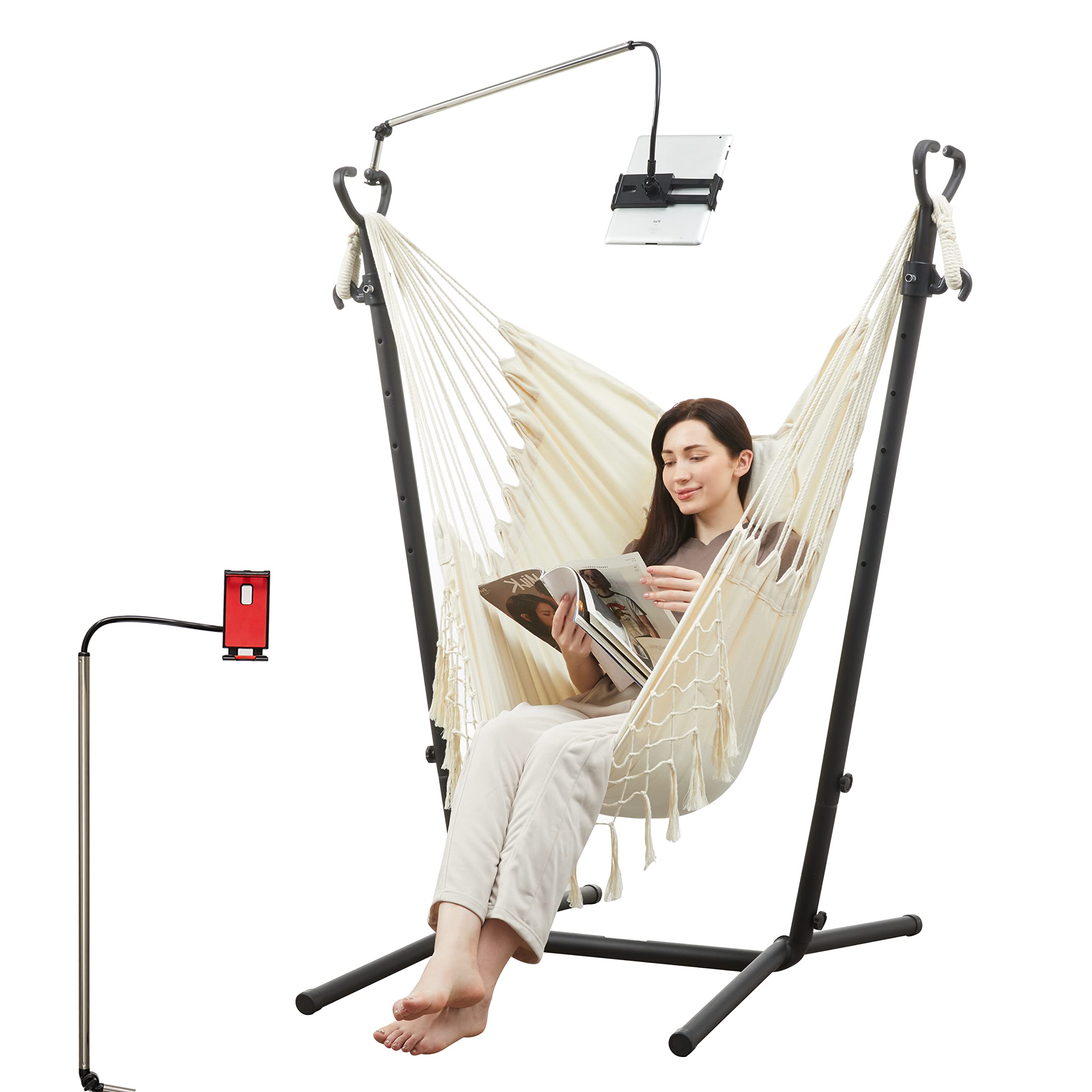 Hanging Hammock Chair with Stand - Adjustable Swing Chair for Indoor & Outdoor Use - Includes Phone Holder & Pillow - Perfect for Bedroom, Patio, Garden Relaxation (Beige)