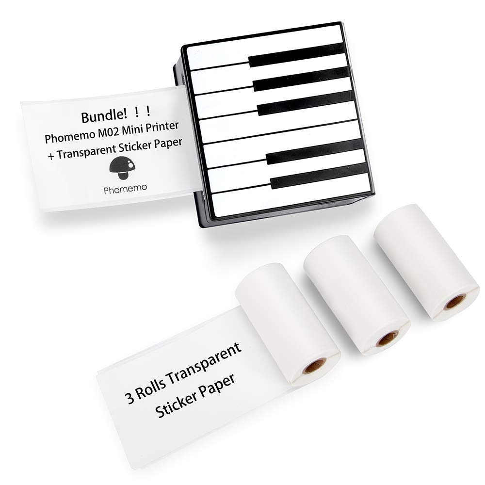 Phomemo M02 Portable Bluetooth Thermal Photo Printer - Mini Pocket Printer with 3 Rolls Transparent Sticker Paper, Compatible with iOS & Android for Journaling, Study Notes, DIY Crafts, Office Work & Gift Giving | Perfect for Planner Decoration, Scrapbooking & Creative Projects