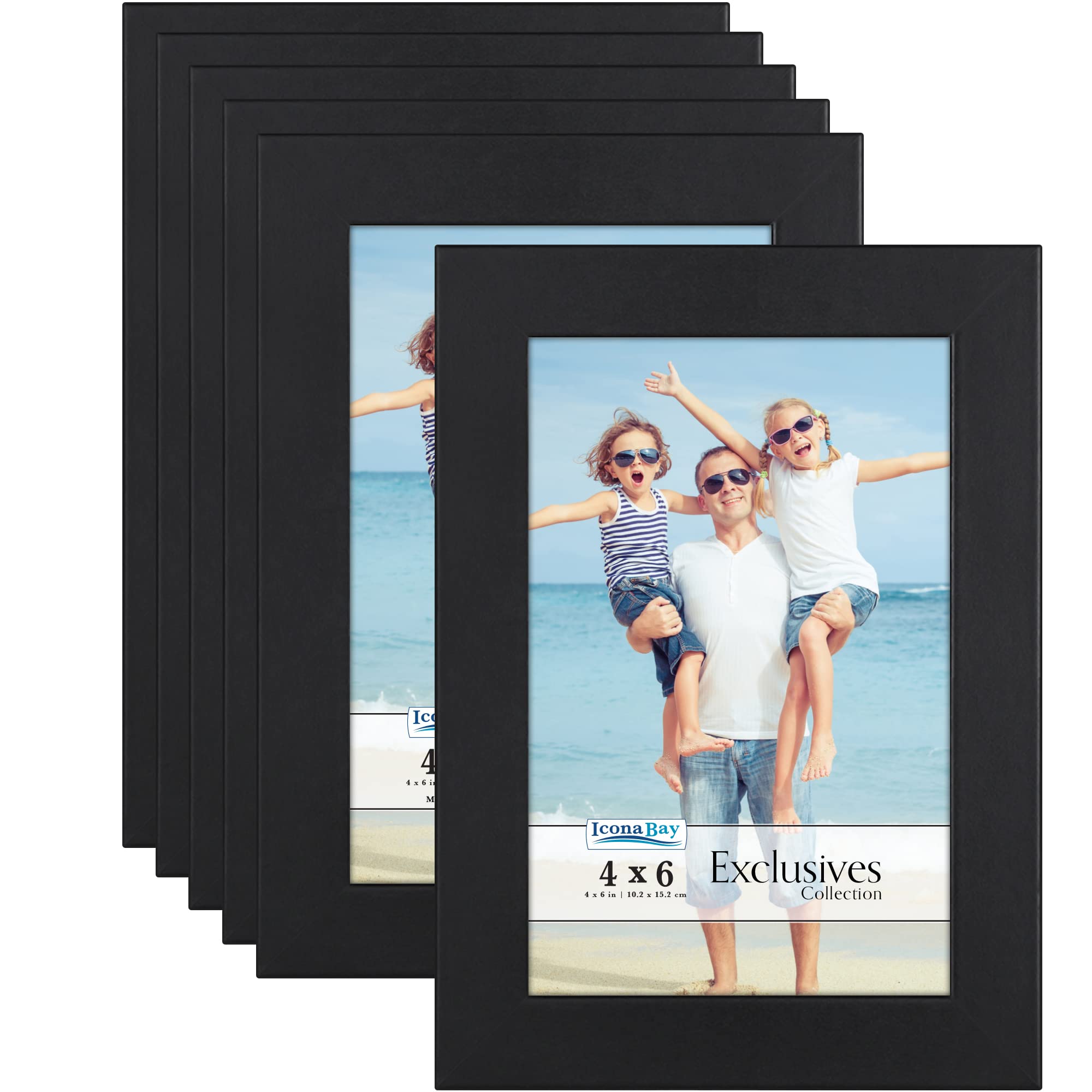 Icona Bay 6 Pack 4x6 Picture Frames - Black Wood Composite Photo Frames with Wall Mount & Tabletop Display, Shatter Resistant Glass - Perfect for Home Decor, Office, Wedding Photos & Gift Giving