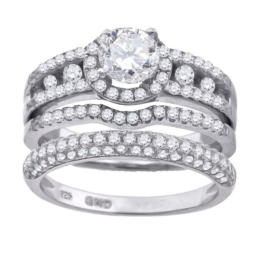 925 Sterling Silver His & Hers CZ Cubic Zirconia Simulated Diamond Halo Trio Ring Set - Wedding Band, Anniversary Gift for Couples - Perfect for Engagements, Proposals & Romantic Occasions
