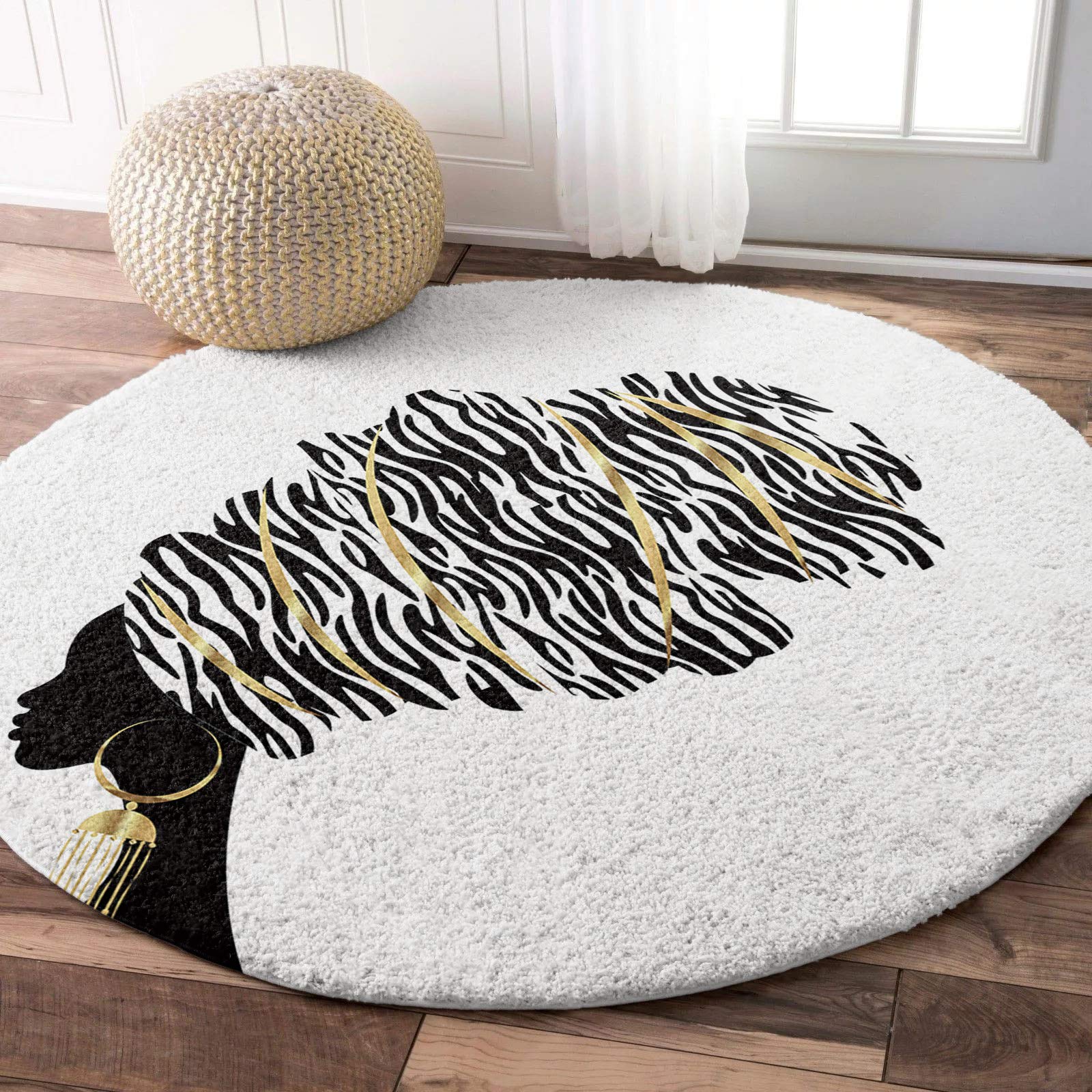 Ultra Soft 5ft Round Area Rug - Modern African Women Design, Fluffy Shag Absorbent Water Circle Rug for Living Room, Dining Room, Bedroom & Nursery | Non-Slip Gold Earring Pattern Floor Carpet - Perfect for Cozy Home Decor & Boho Chic Interior Styling
