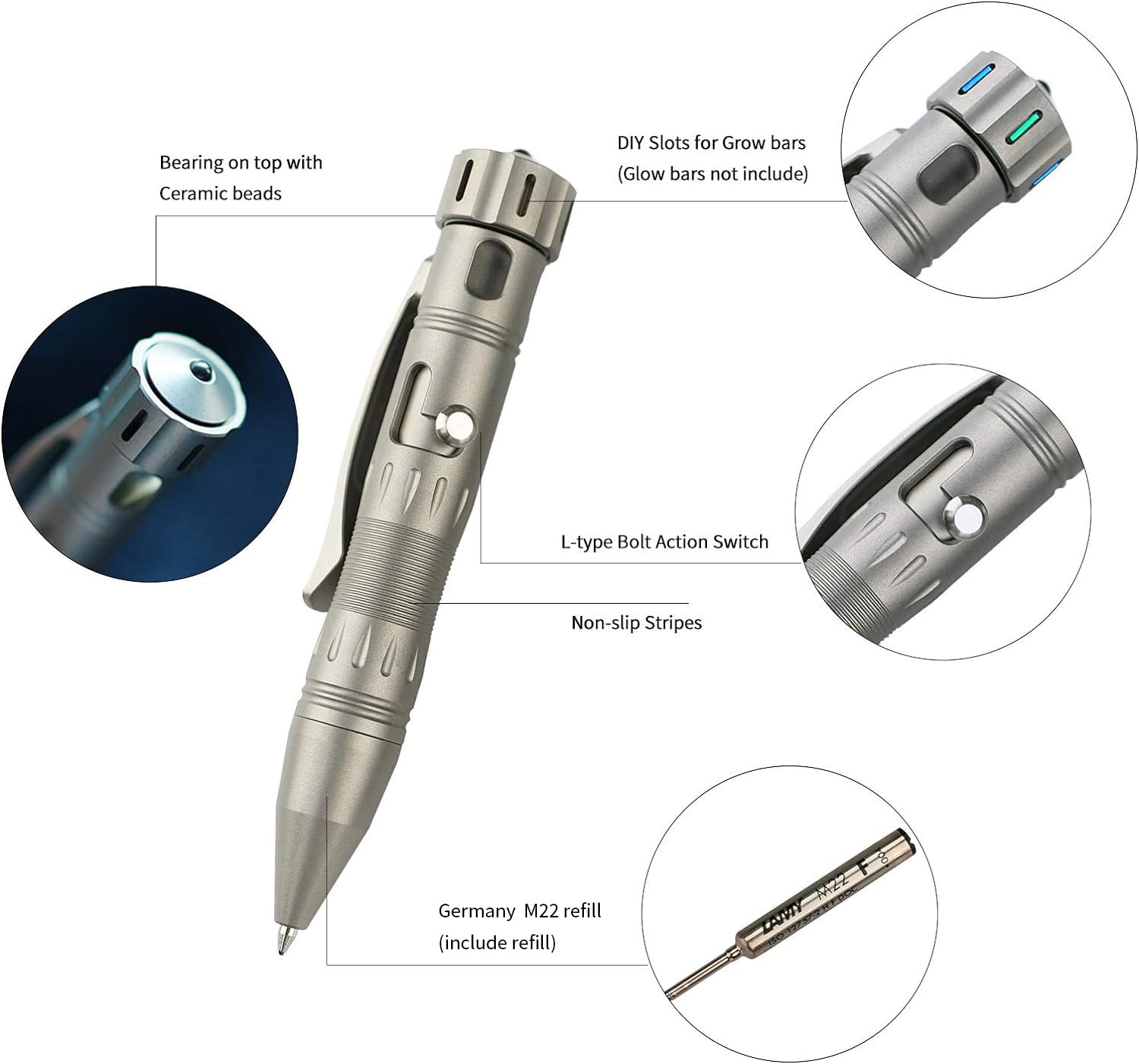 MecArmy TPX10 Mini Titanium Bolt Action Tactical Pen - EDC Pocket Pen with Replaceable Refill & Stress-Relief Spinner Tail - Lightweight Office & Everyday Carry (Titanium Sandblasted) - Perfect for Writing, Fidgeting & Emergency Situations