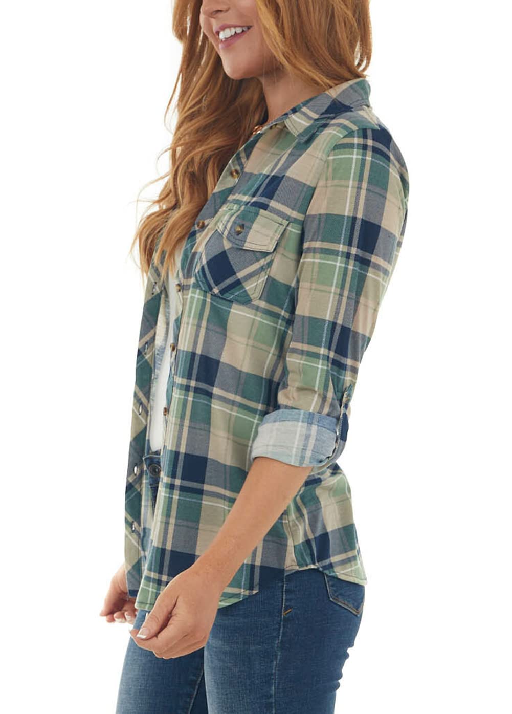 NUOREEL Women's Classic Plaid Button Down Shirt - Long Sleeve Roll-Up Cuff Casual Top for Office, Outdoors & Layering